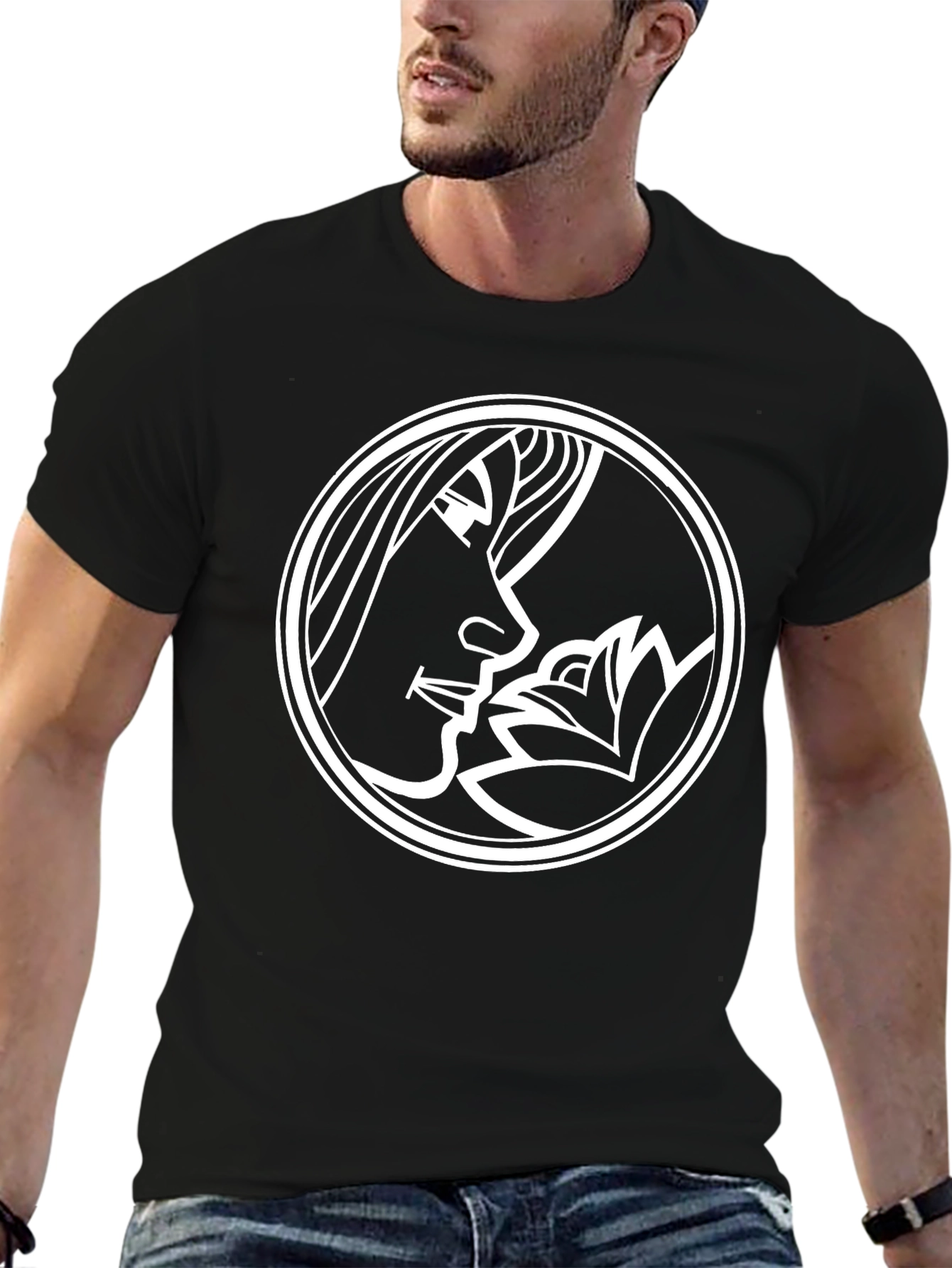 Black T-Shirt with Lotus Flower Design