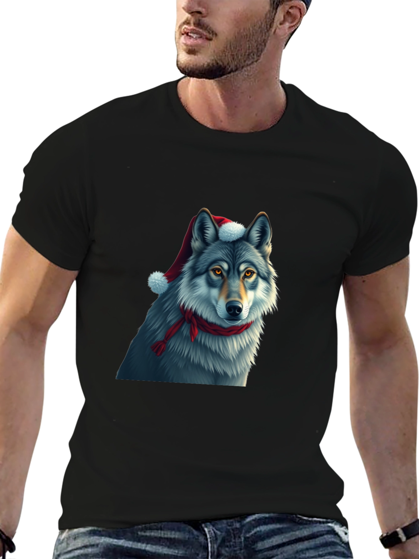 Festive Wolf Graphic Tee - Christmas Holiday Shirt
