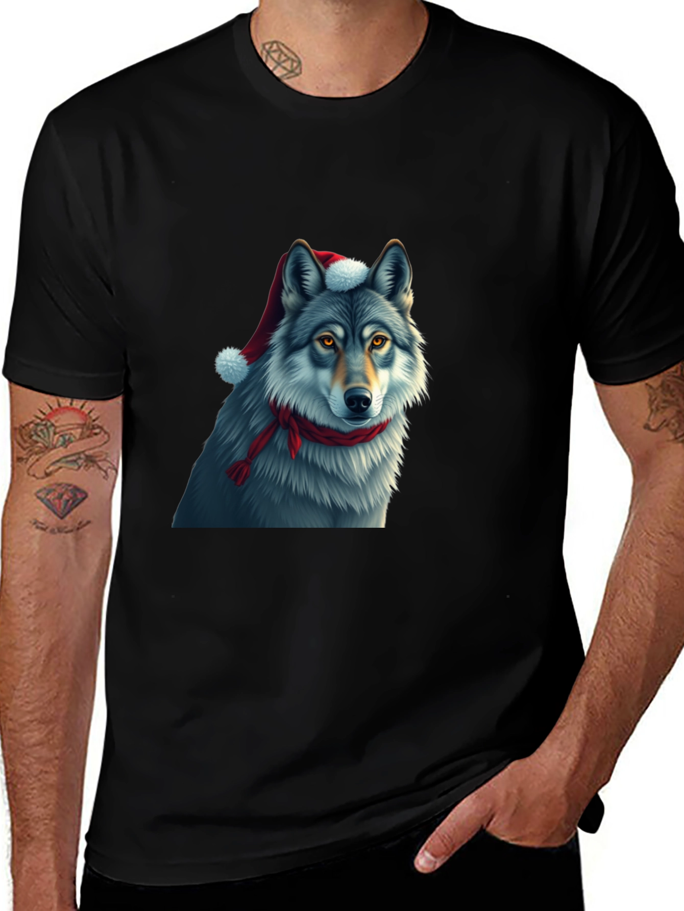 Festive Wolf Graphic Tee - Christmas Holiday Shirt