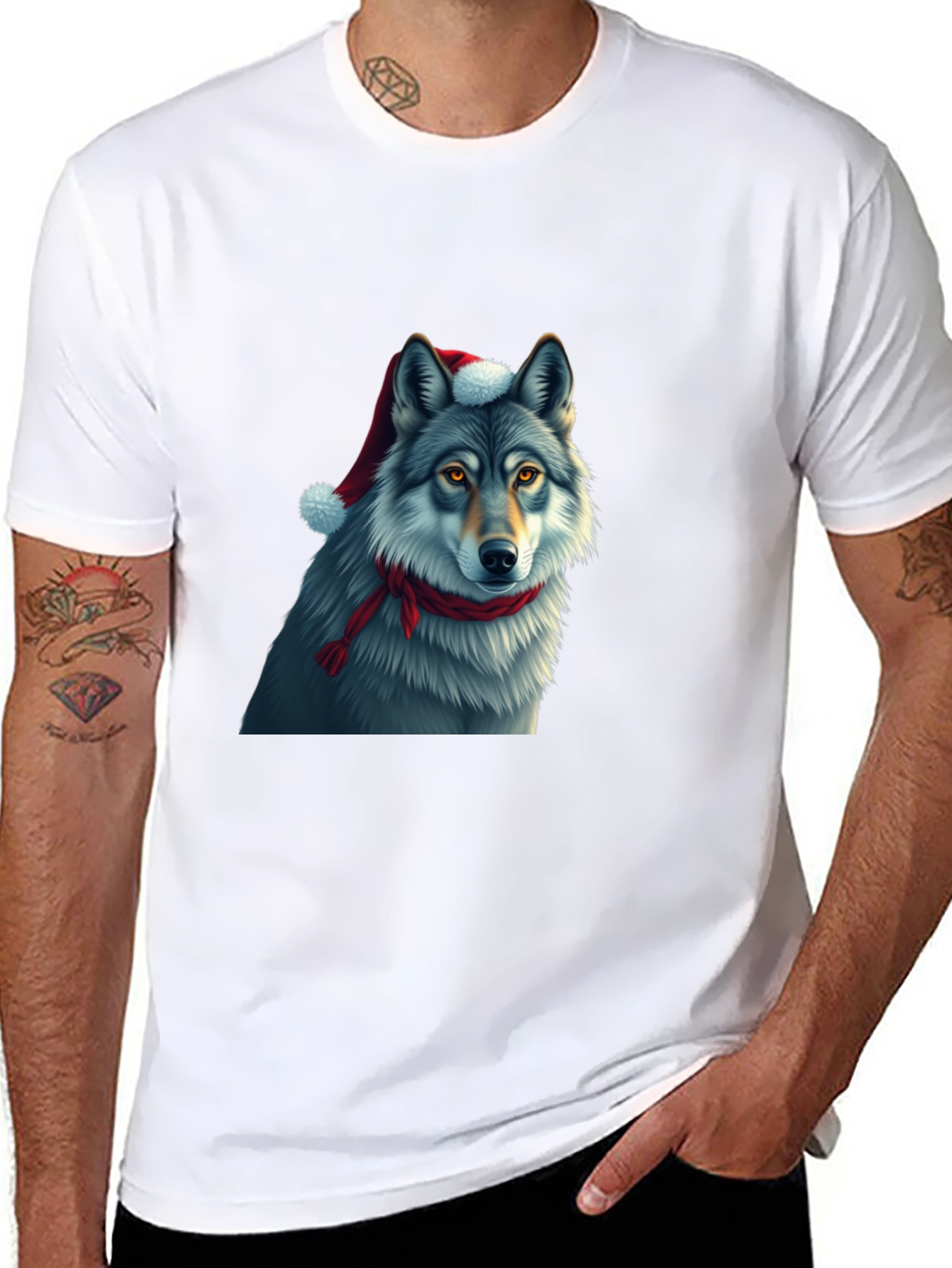 Festive Wolf Graphic Tee - Christmas Holiday Shirt