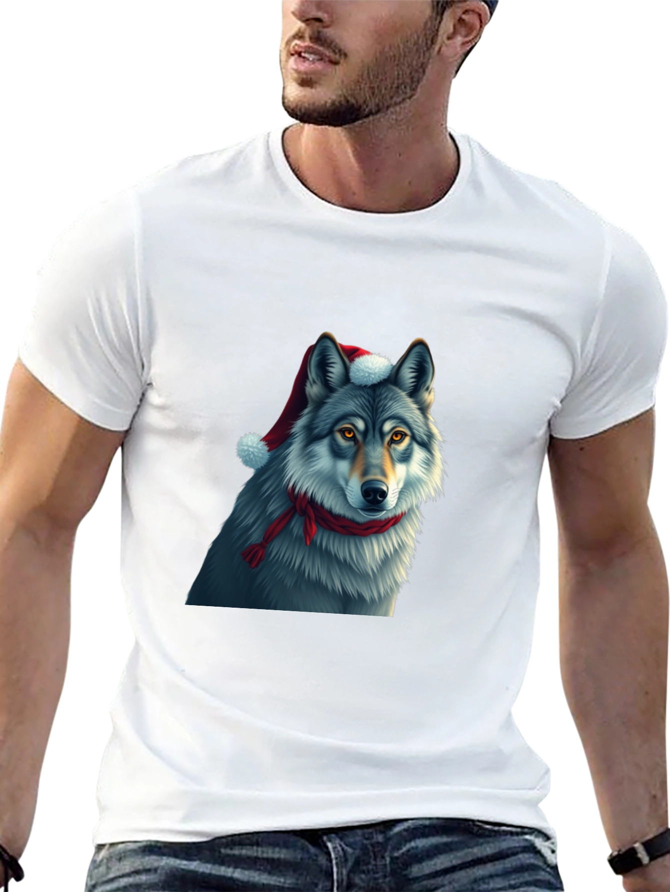 Festive Wolf Graphic Tee - Christmas Holiday Shirt
