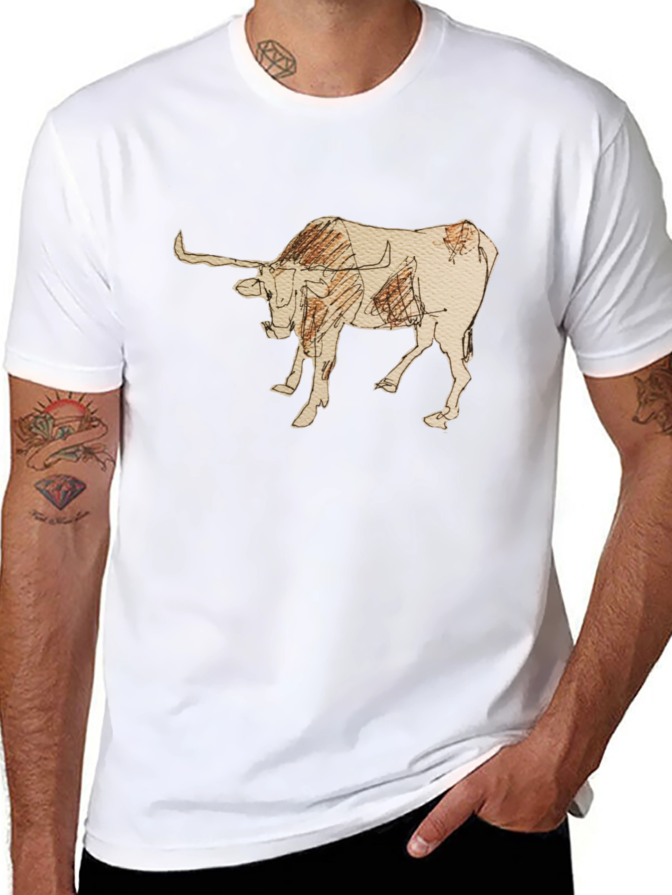 Black Graphic Tee - Bull Sketch Design