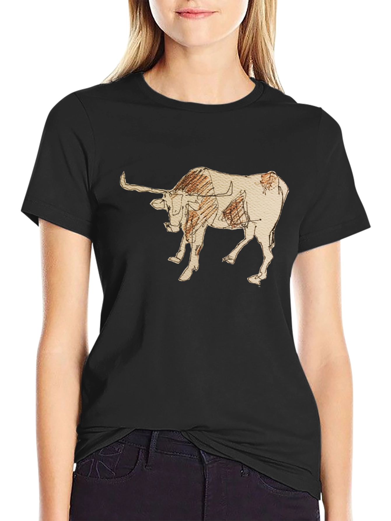 Black Graphic Tee - Bull Sketch Design