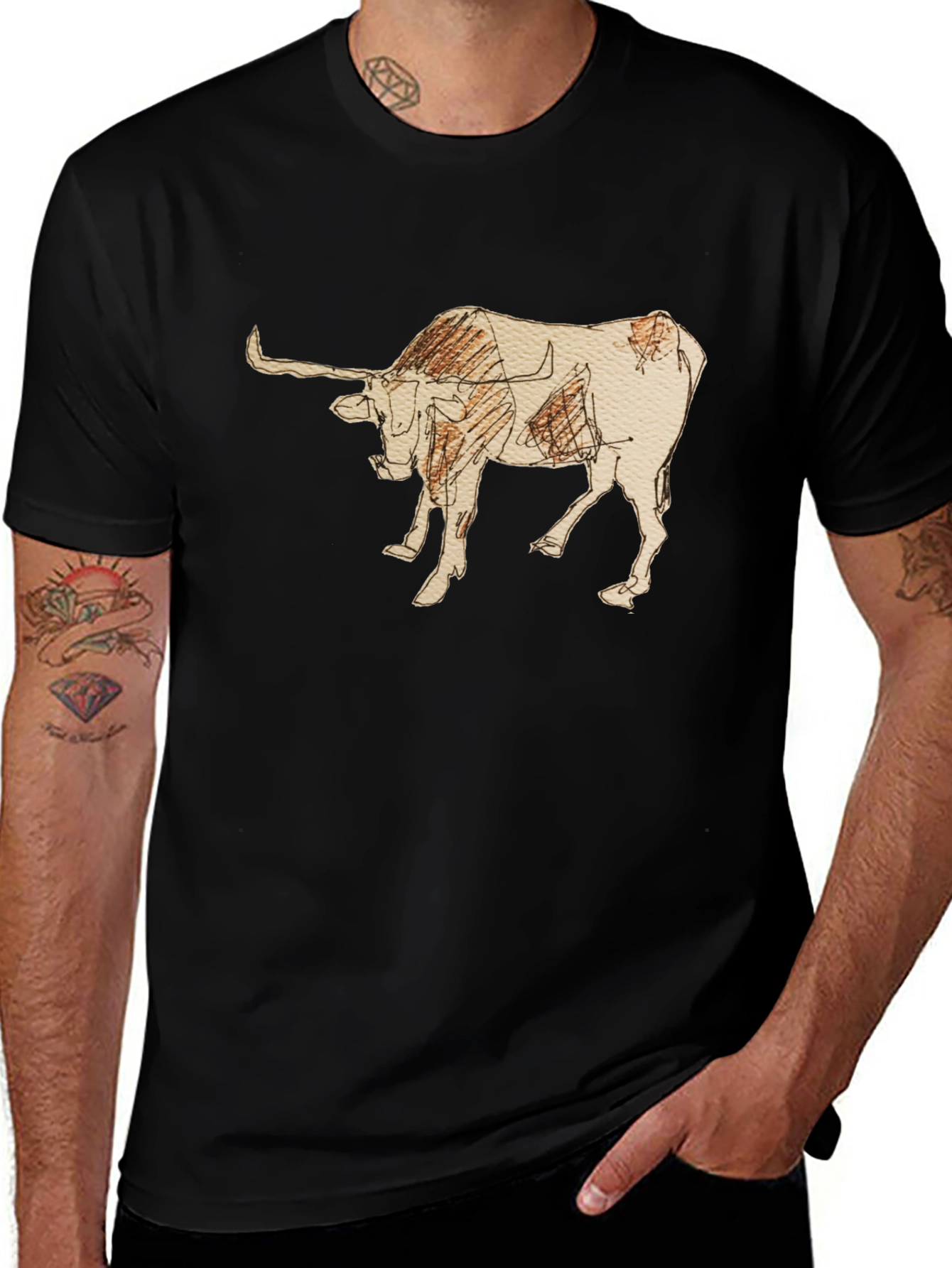 Black Graphic Tee - Bull Sketch Design