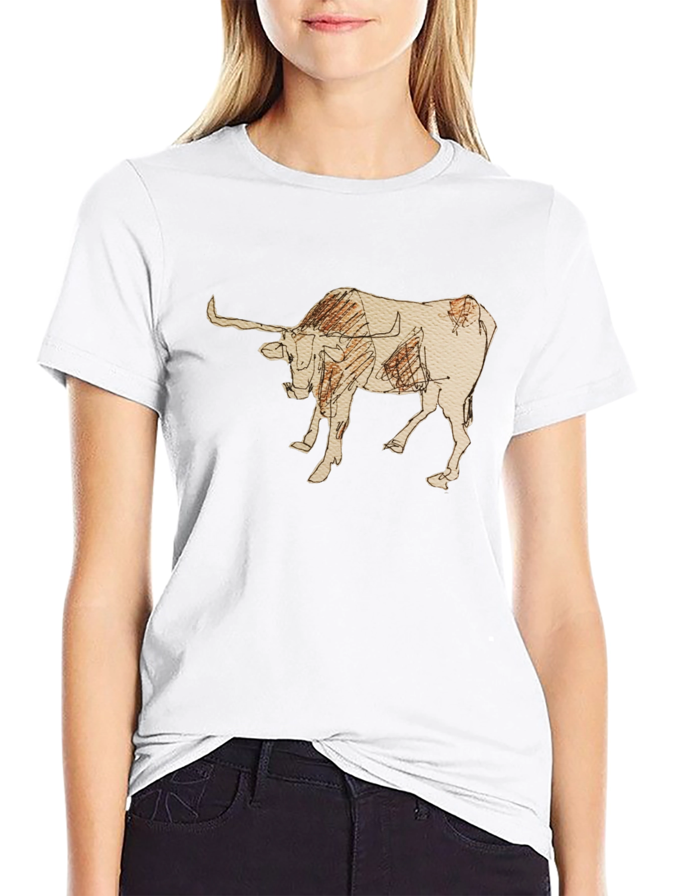 Black Graphic Tee - Bull Sketch Design