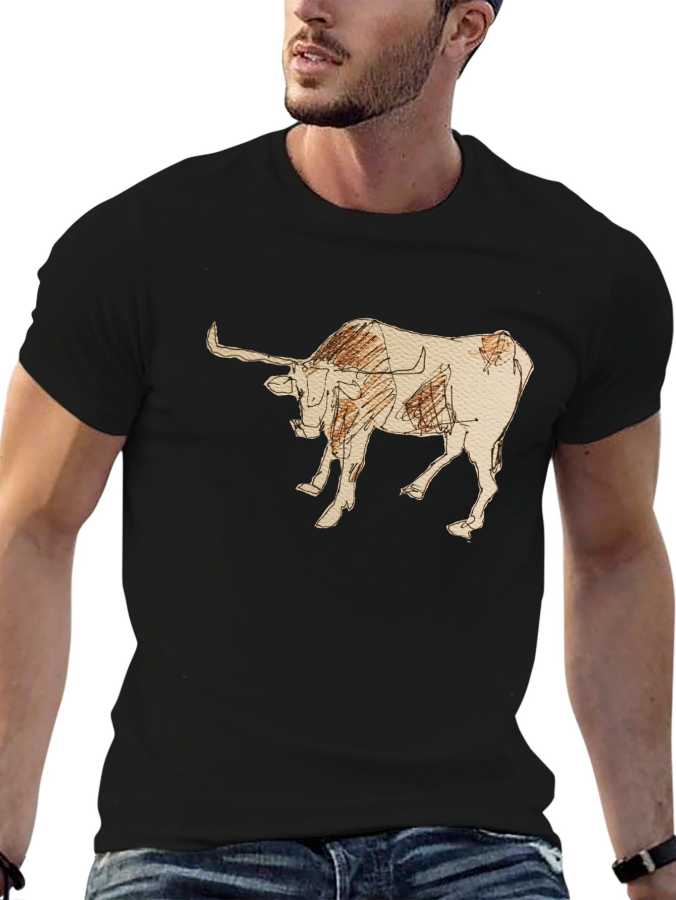 Black Graphic Tee - Bull Sketch Design