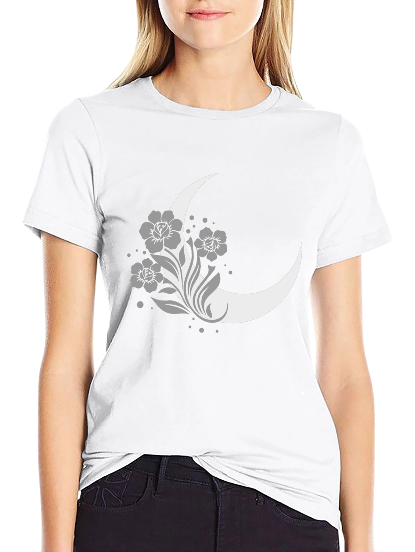 Floral Moon Graphic Tee - Casual Black T-Shirt