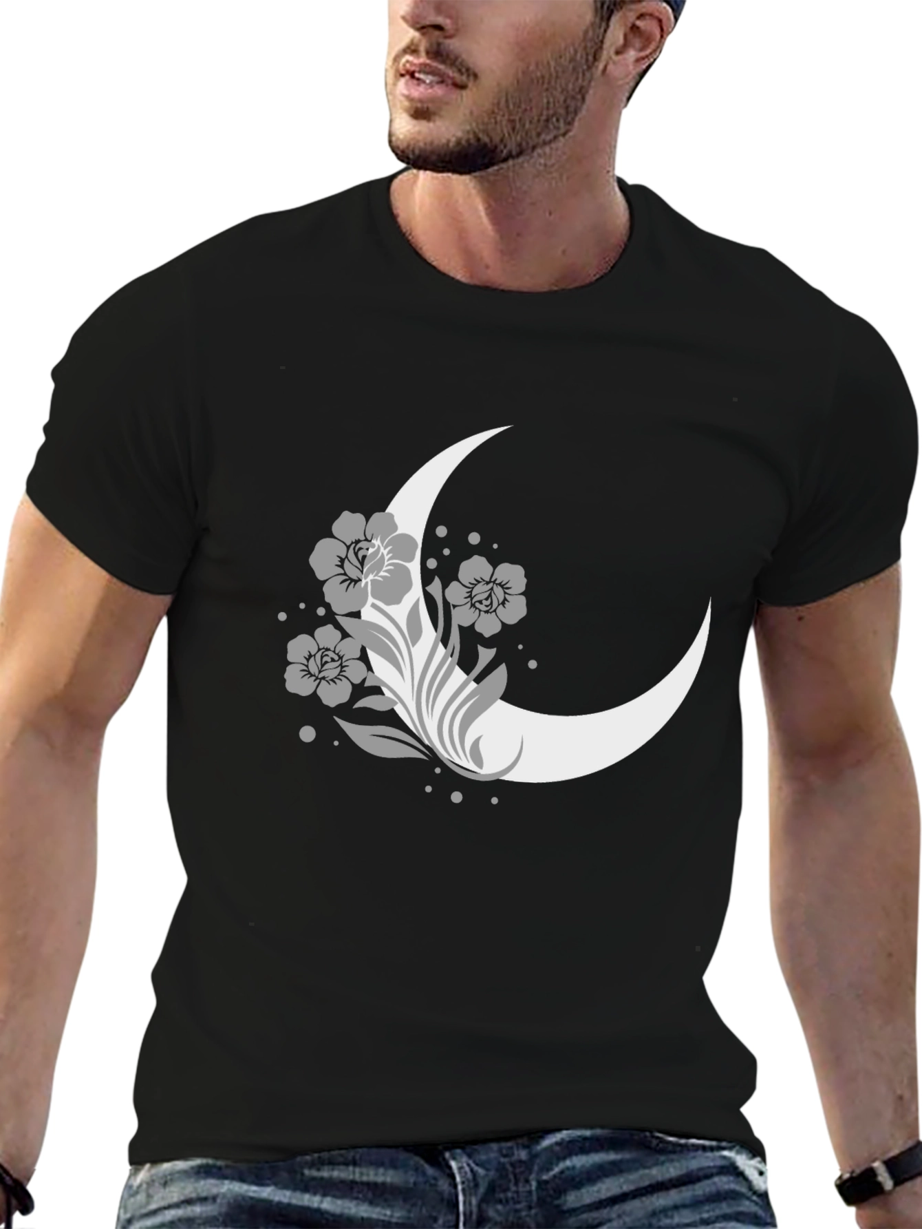 Floral Moon Graphic Tee - Casual Black T-Shirt