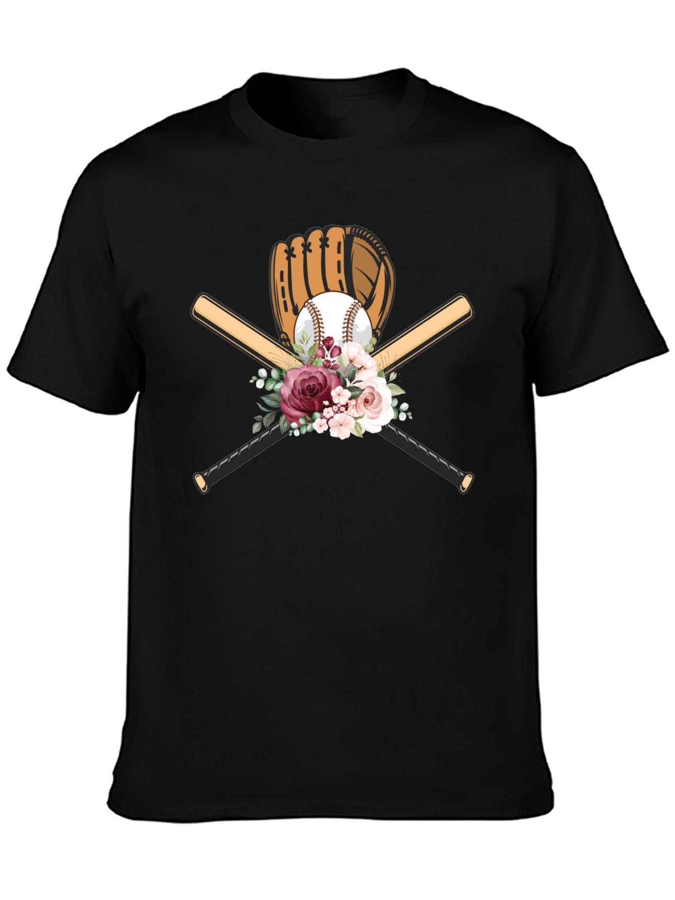 Baseball Floral T-Shirt - Glove & Bats Design