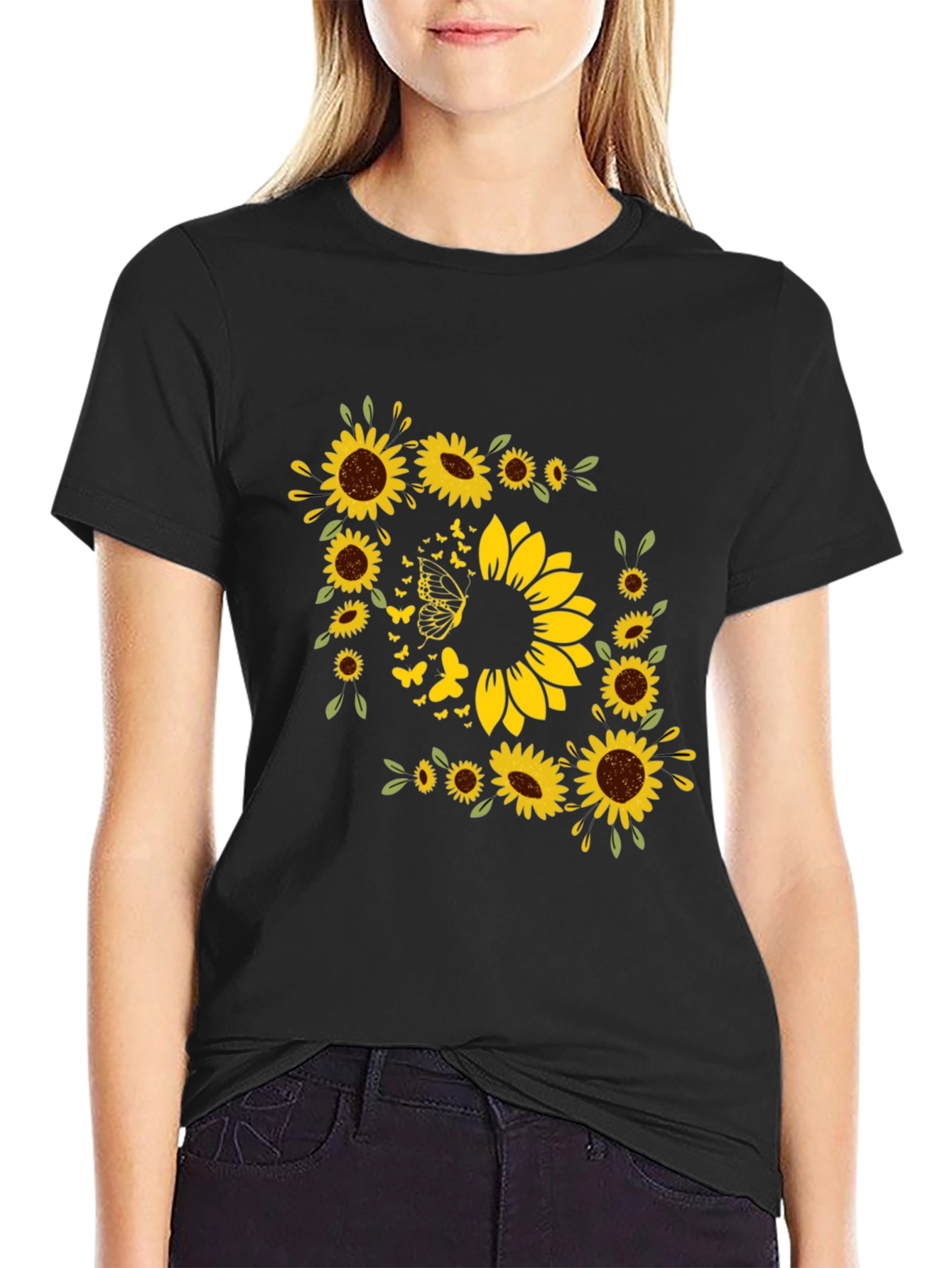 Sunflower Butterfly Graphic Black T-Shirt