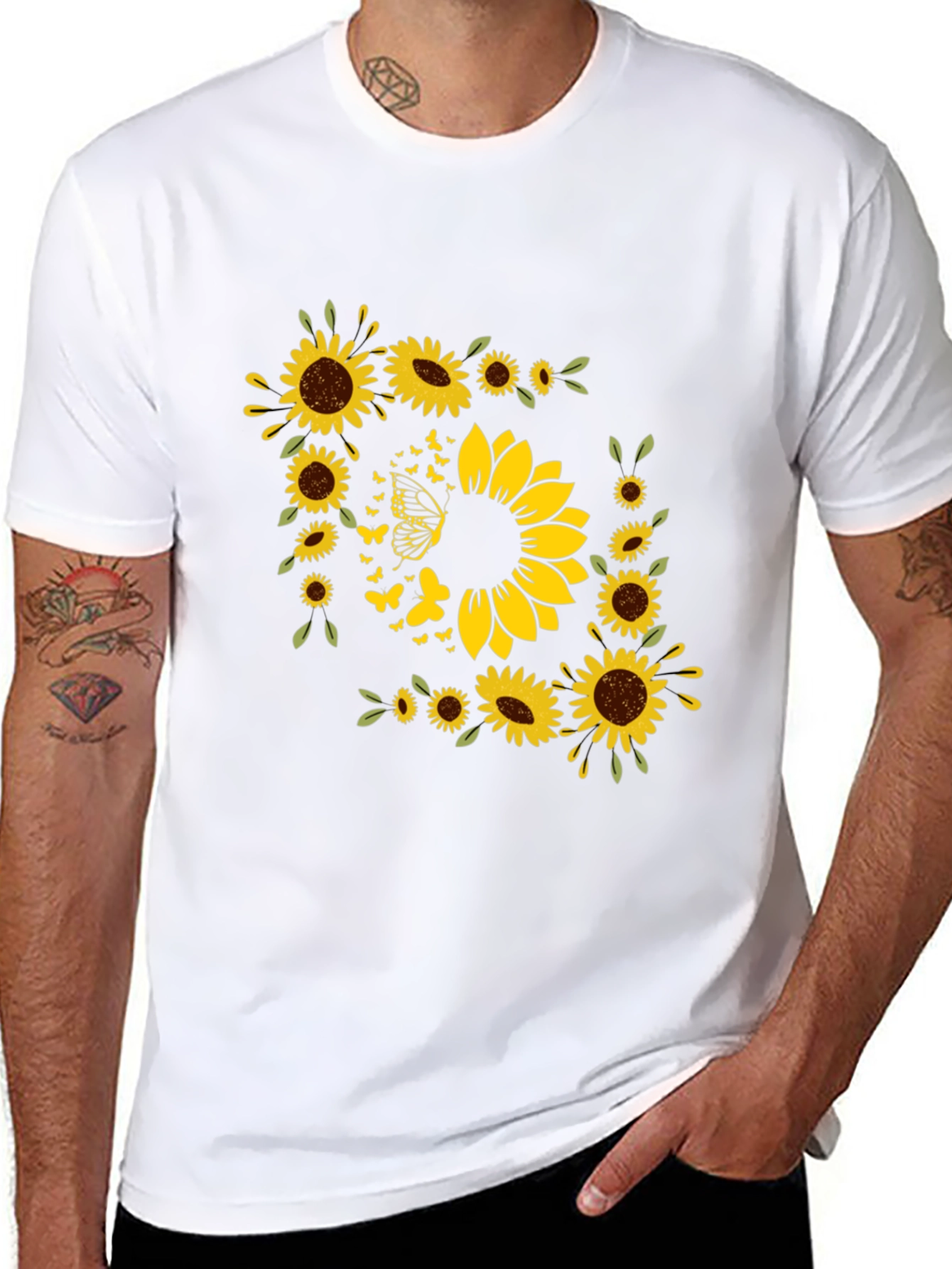 Sunflower Butterfly Graphic Black T-Shirt