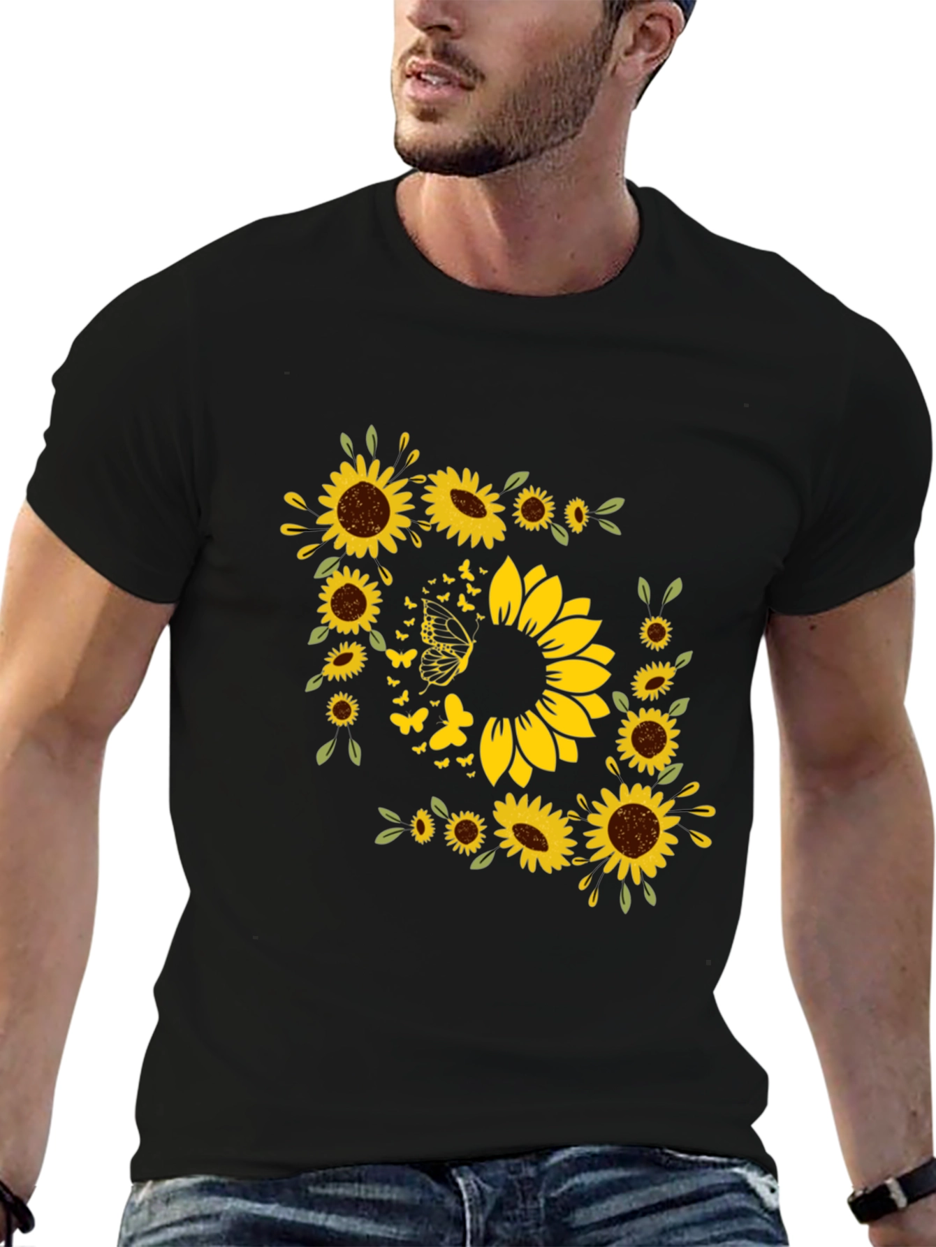 Sunflower Butterfly Graphic Black T-Shirt