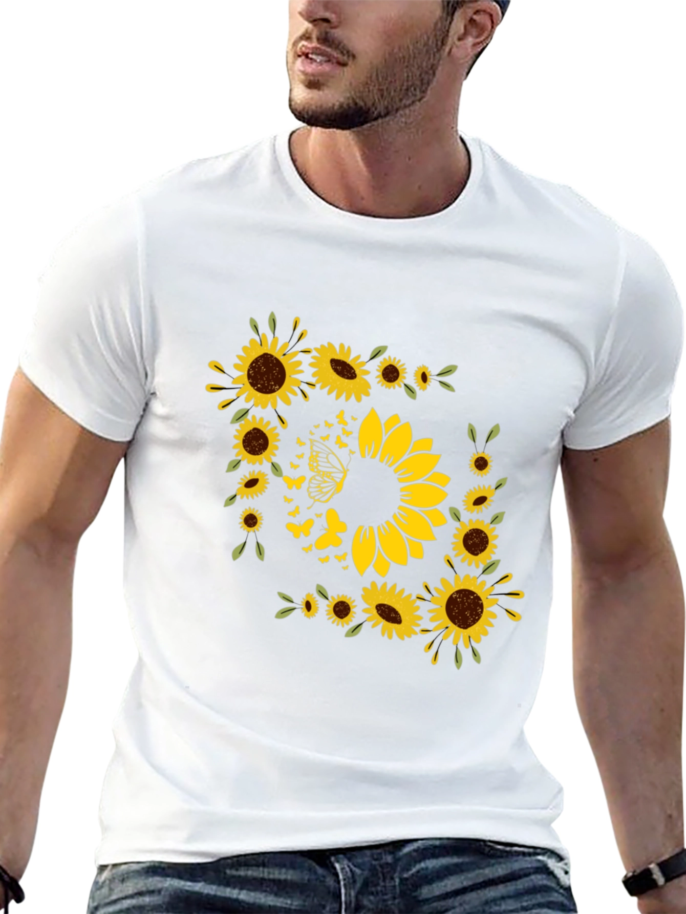 Sunflower Butterfly Graphic Black T-Shirt