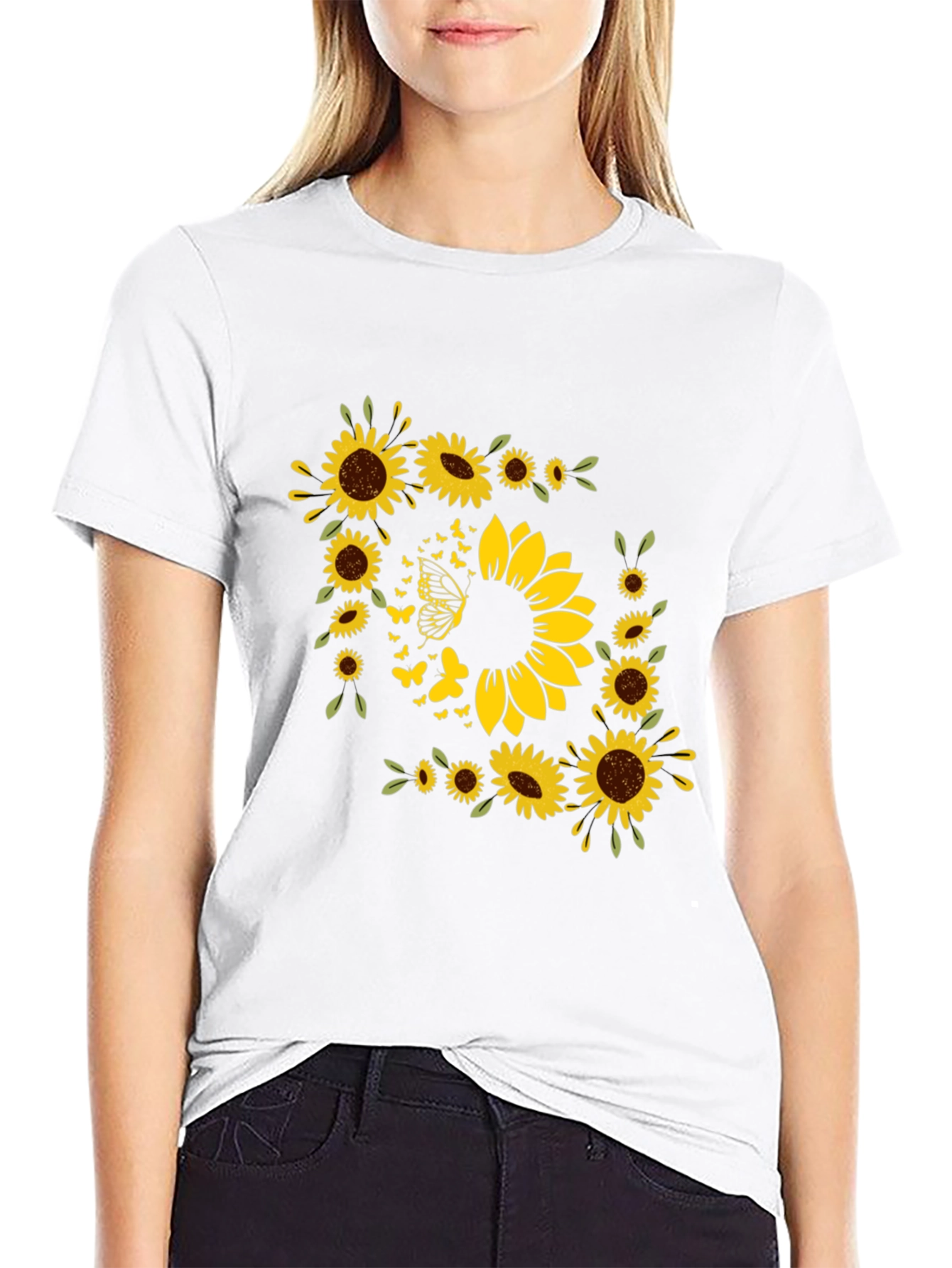 Sunflower Butterfly Graphic Black T-Shirt