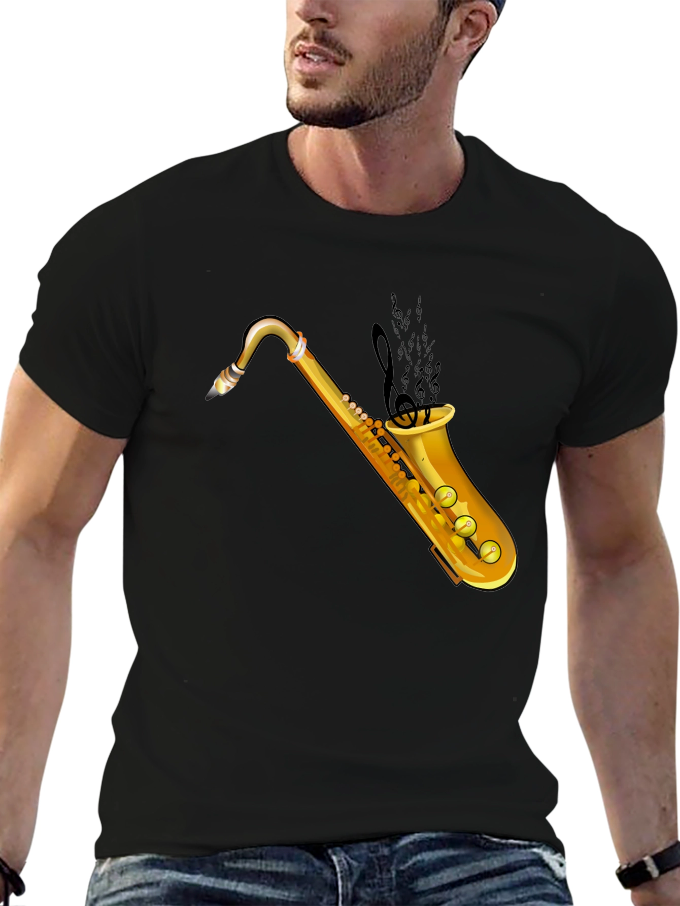 Saxophone Graphic Tee - Black Cotton T-Shirt