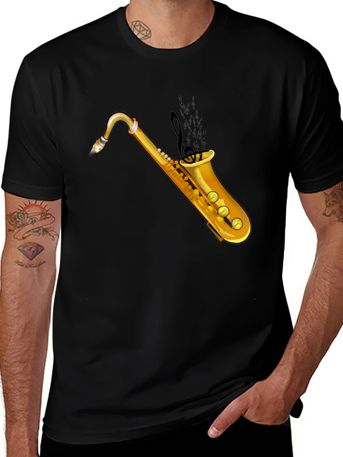 Saxophone Graphic Tee - Black Cotton T-Shirt