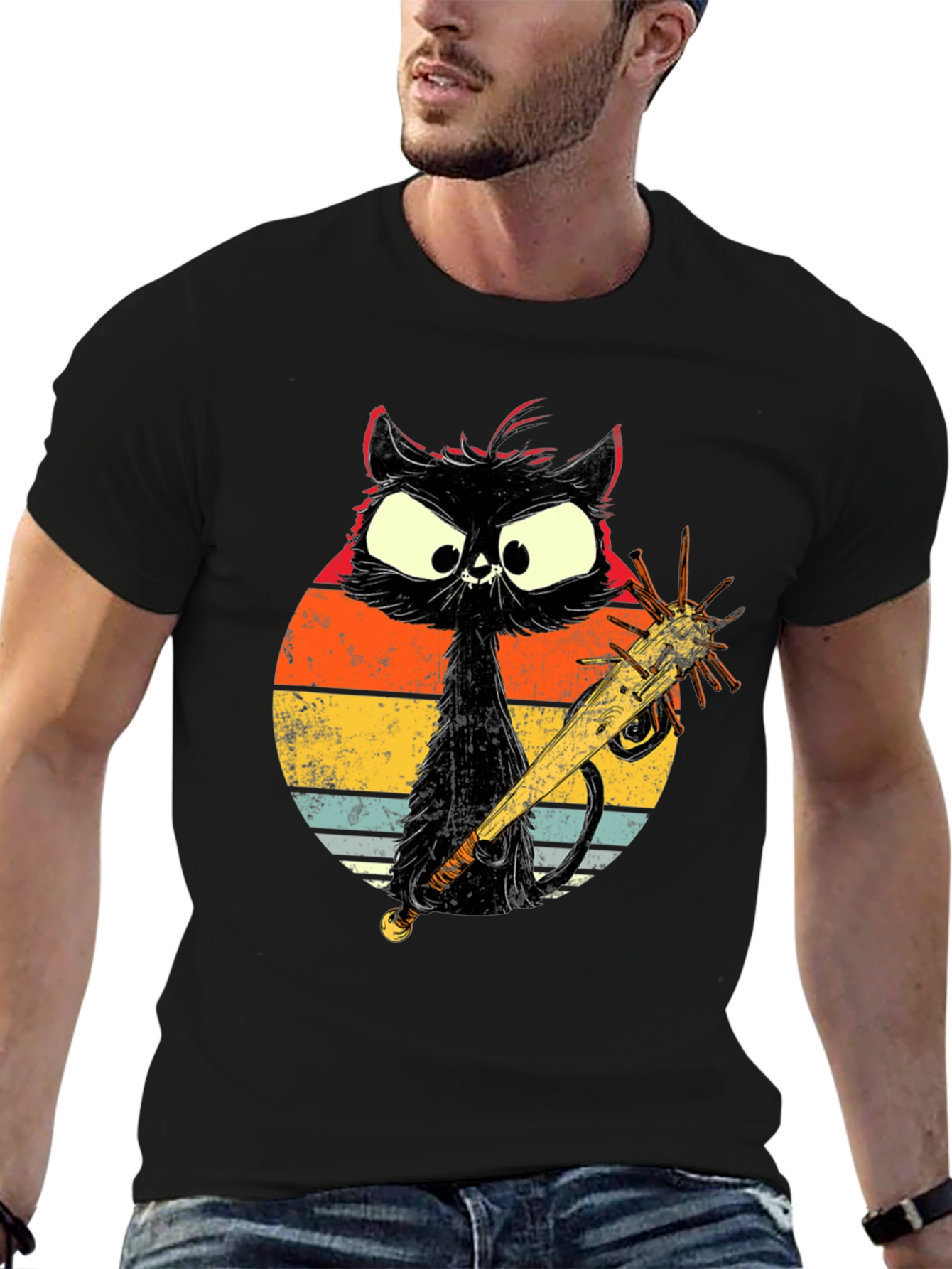 Retro Cat with Baseball Bat Graphic T-Shirt