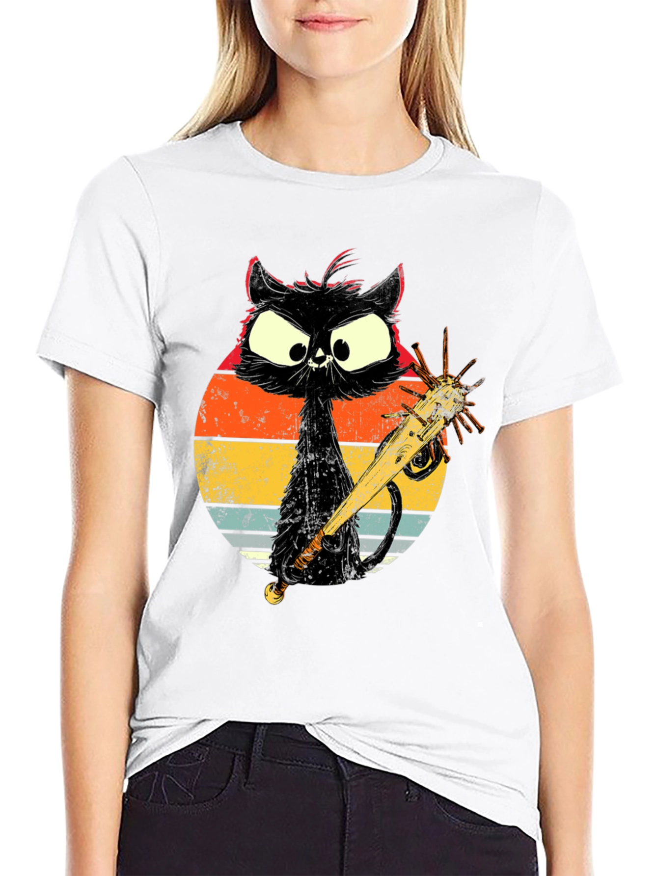 Retro Cat with Baseball Bat Graphic T-Shirt