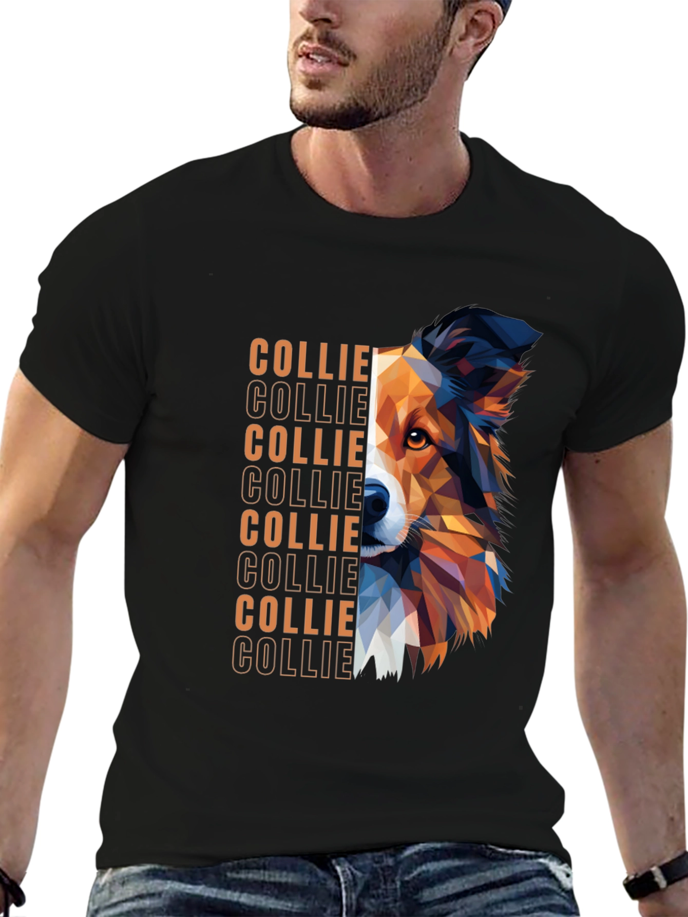 Geometric Collie Dog Graphic Print Black T-Shirt
