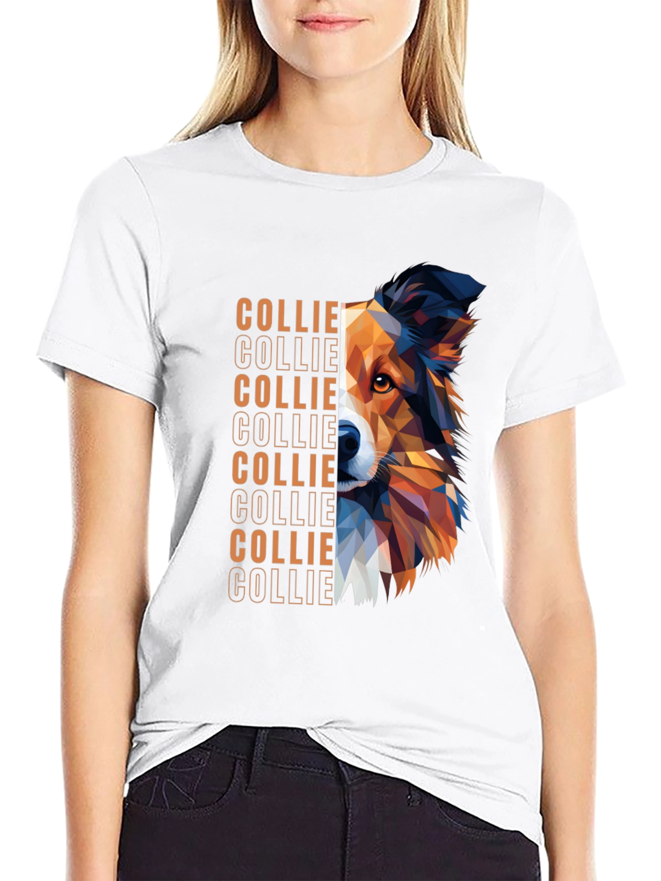Geometric Collie Dog Graphic Print Black T-Shirt
