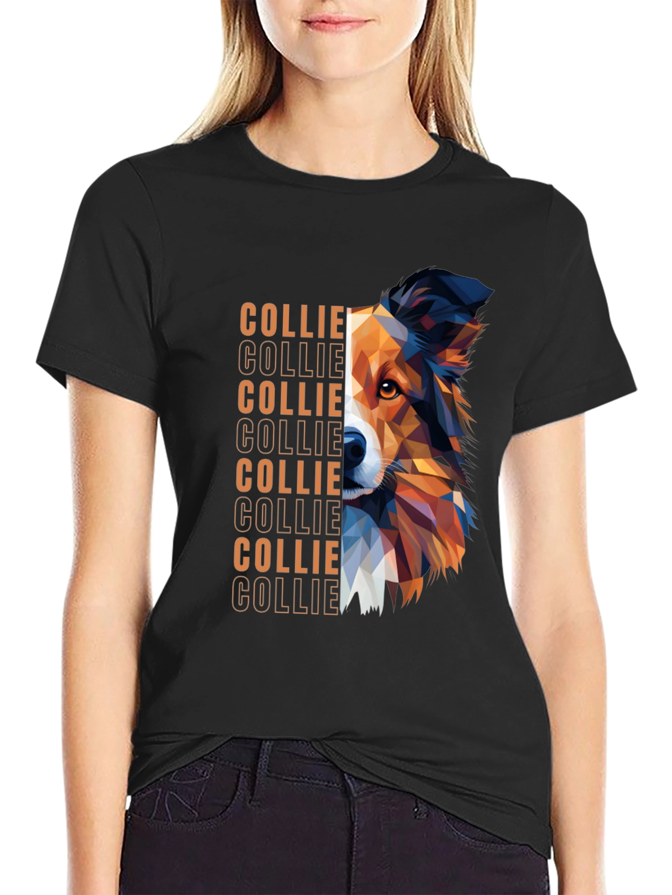 Geometric Collie Dog Graphic Print Black T-Shirt