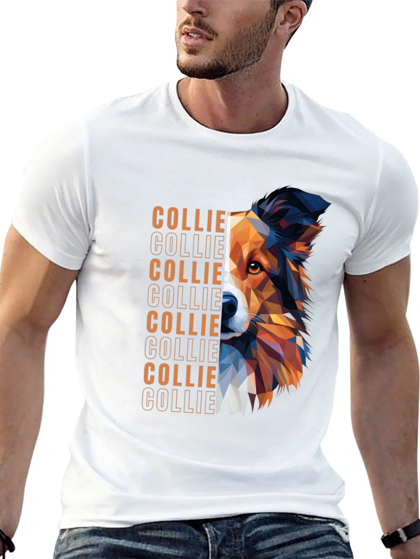 Geometric Collie Dog Graphic Print Black T-Shirt