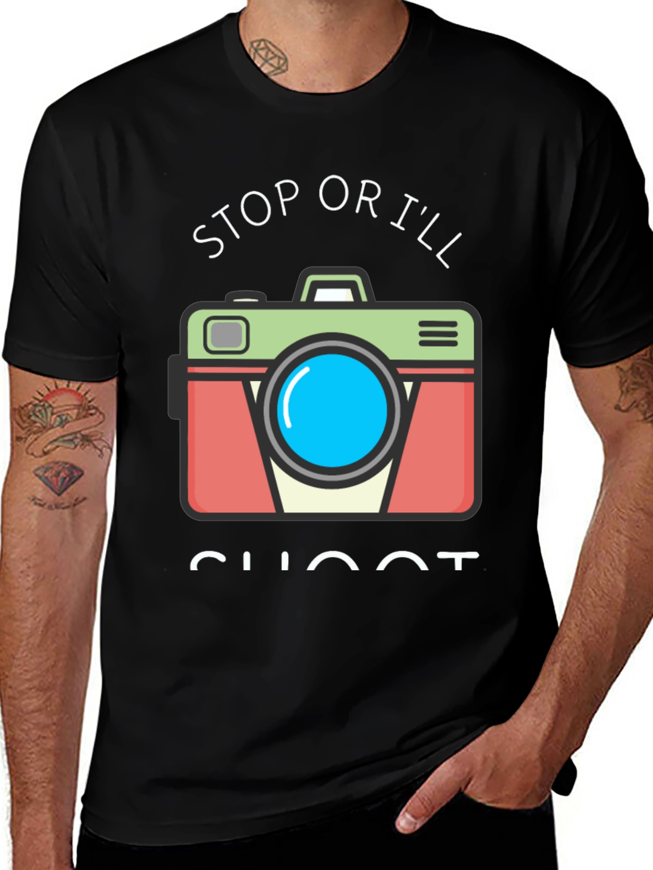 Stop or Ill Shoot Funny Camera Graphic T-Shirt