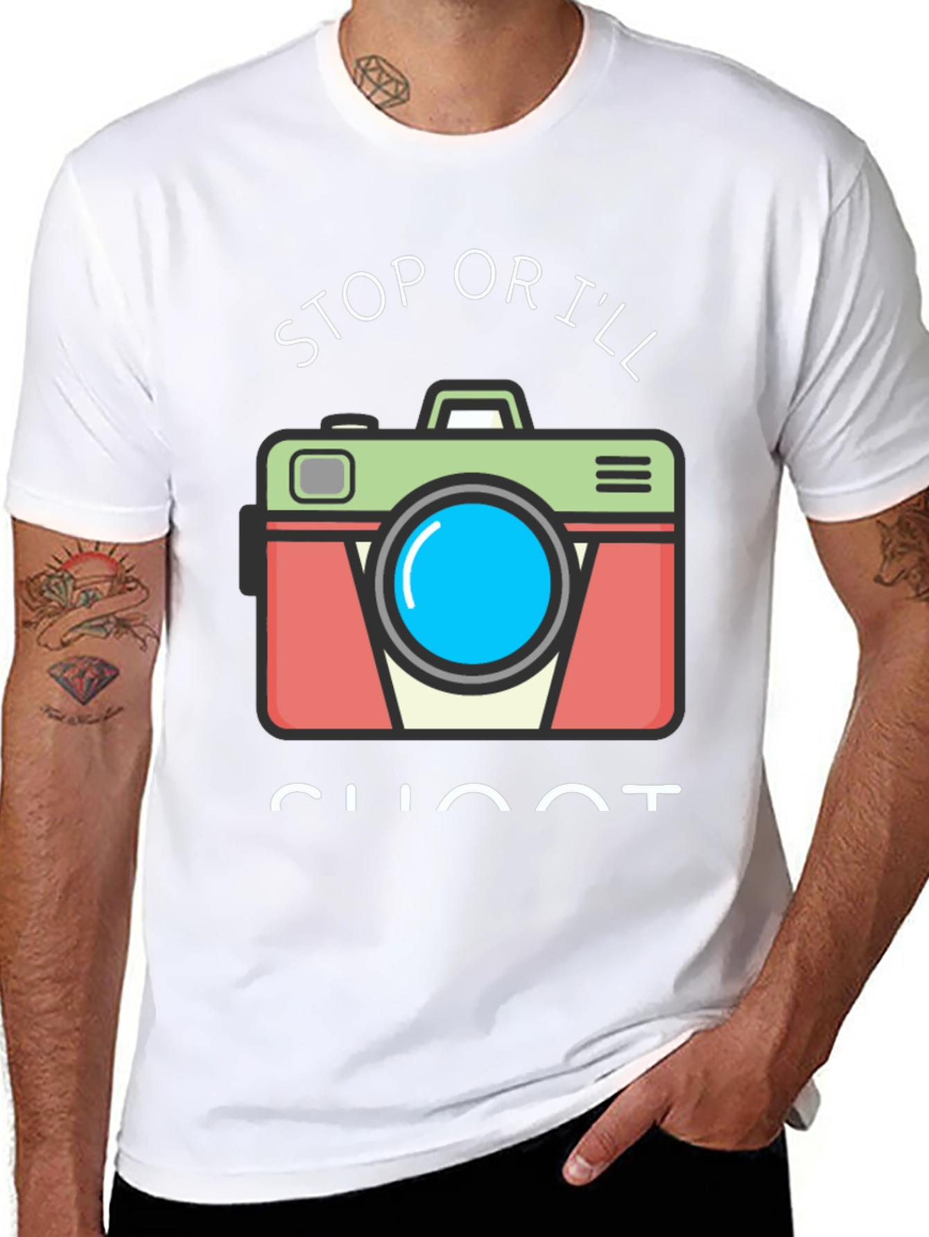Stop or Ill Shoot Funny Camera Graphic T-Shirt
