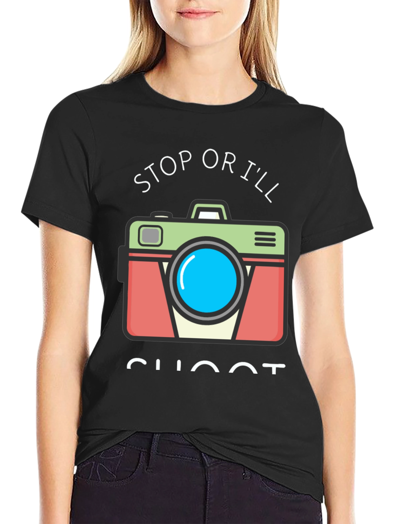 Stop or Ill Shoot Funny Camera Graphic T-Shirt