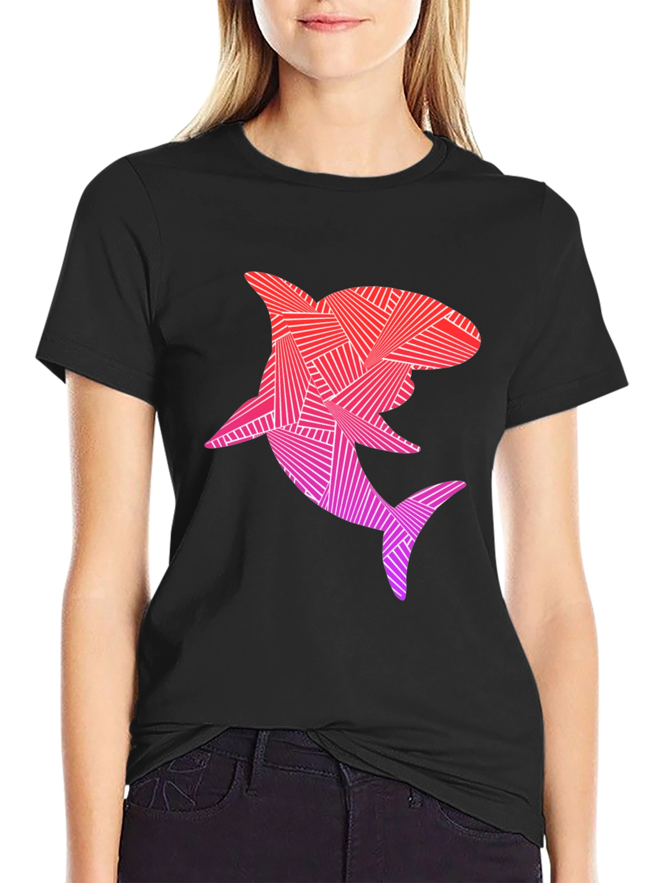 Geometric Shark Graphic T-Shirt - Black