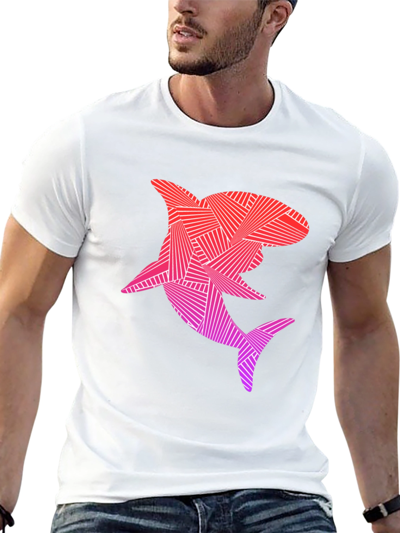 Geometric Shark Graphic T-Shirt - Black
