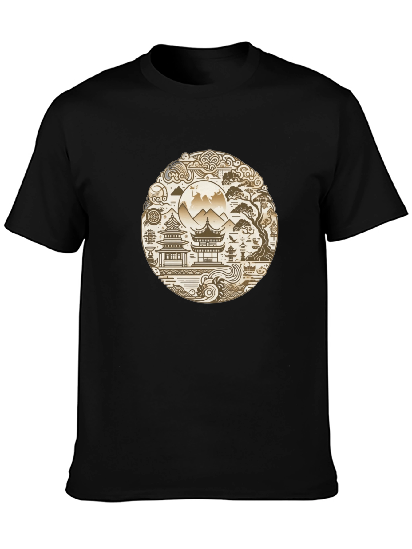 Oriental Landscape Graphic Black Tee