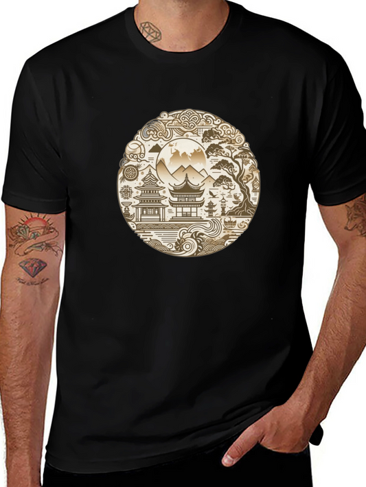 Oriental Landscape Graphic Black Tee