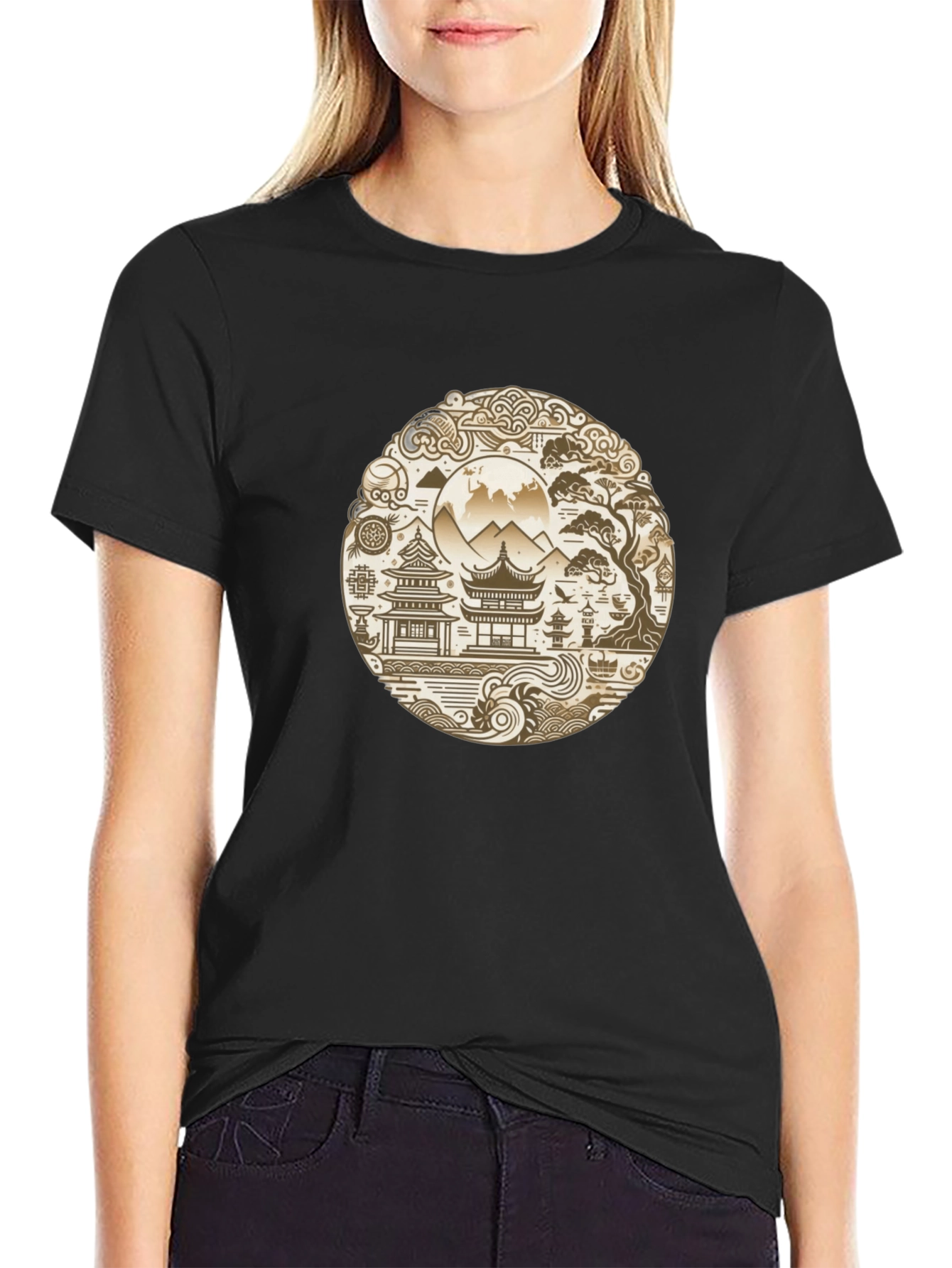 Oriental Landscape Graphic Black Tee