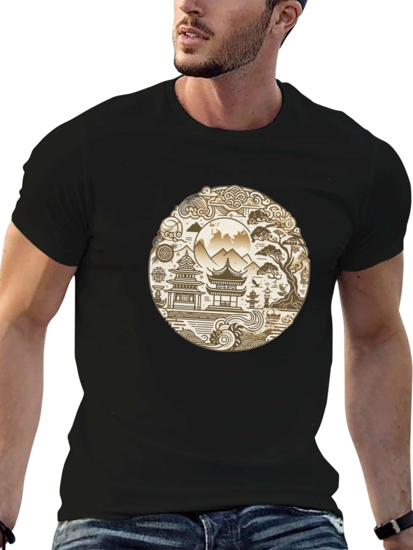 Oriental Landscape Graphic Black Tee
