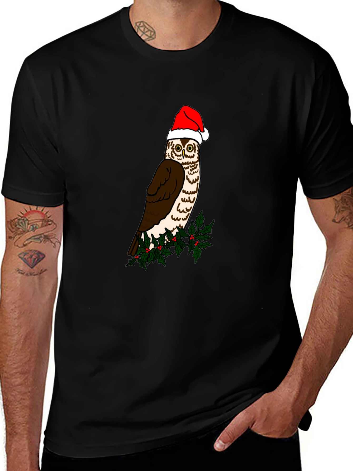 Festive Owl Graphic Tee - Holiday Cheer