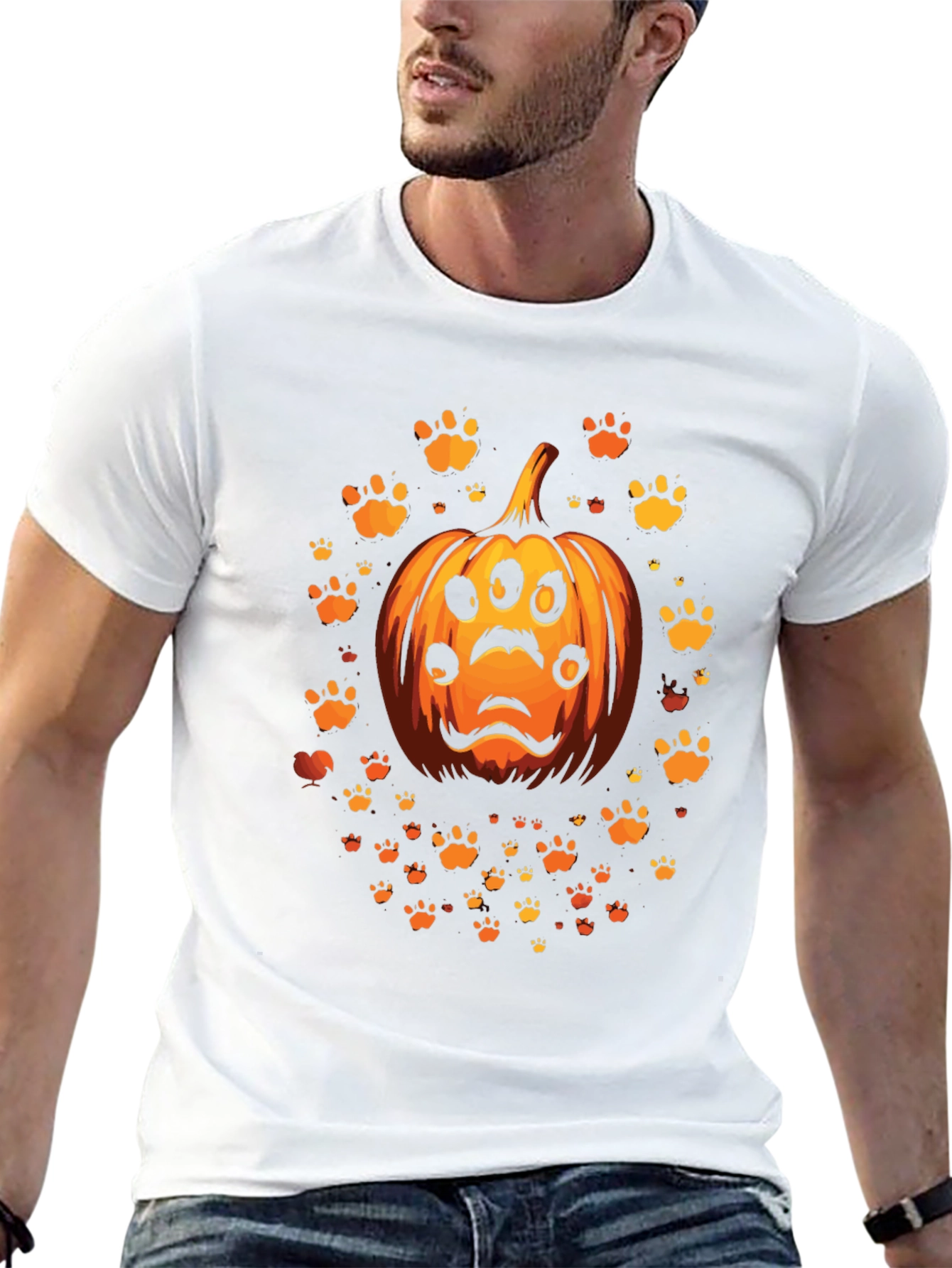 Halloween Pumpkin Paw Print Mens T-Shirt