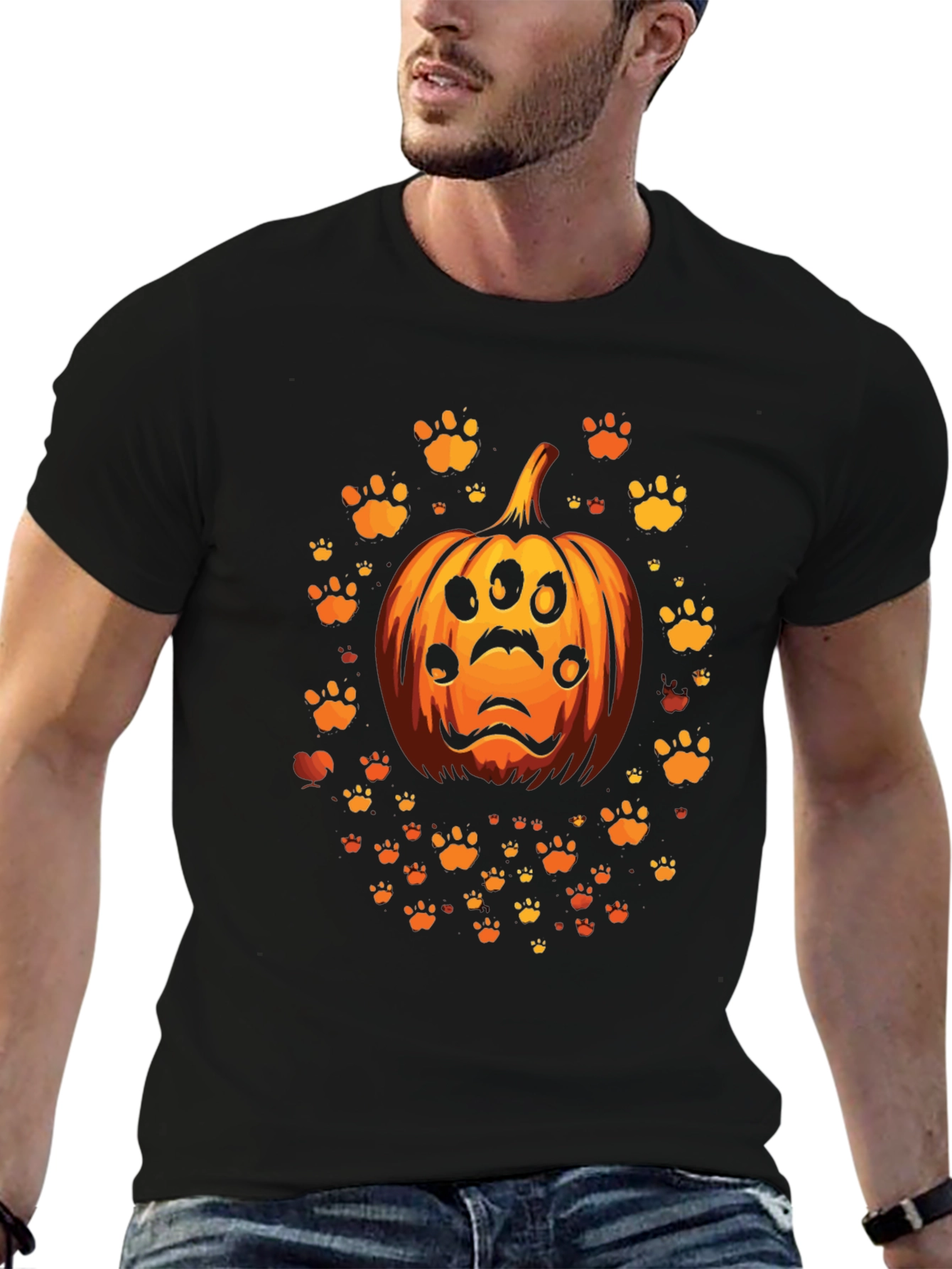 Halloween Pumpkin Paw Print Mens T-Shirt