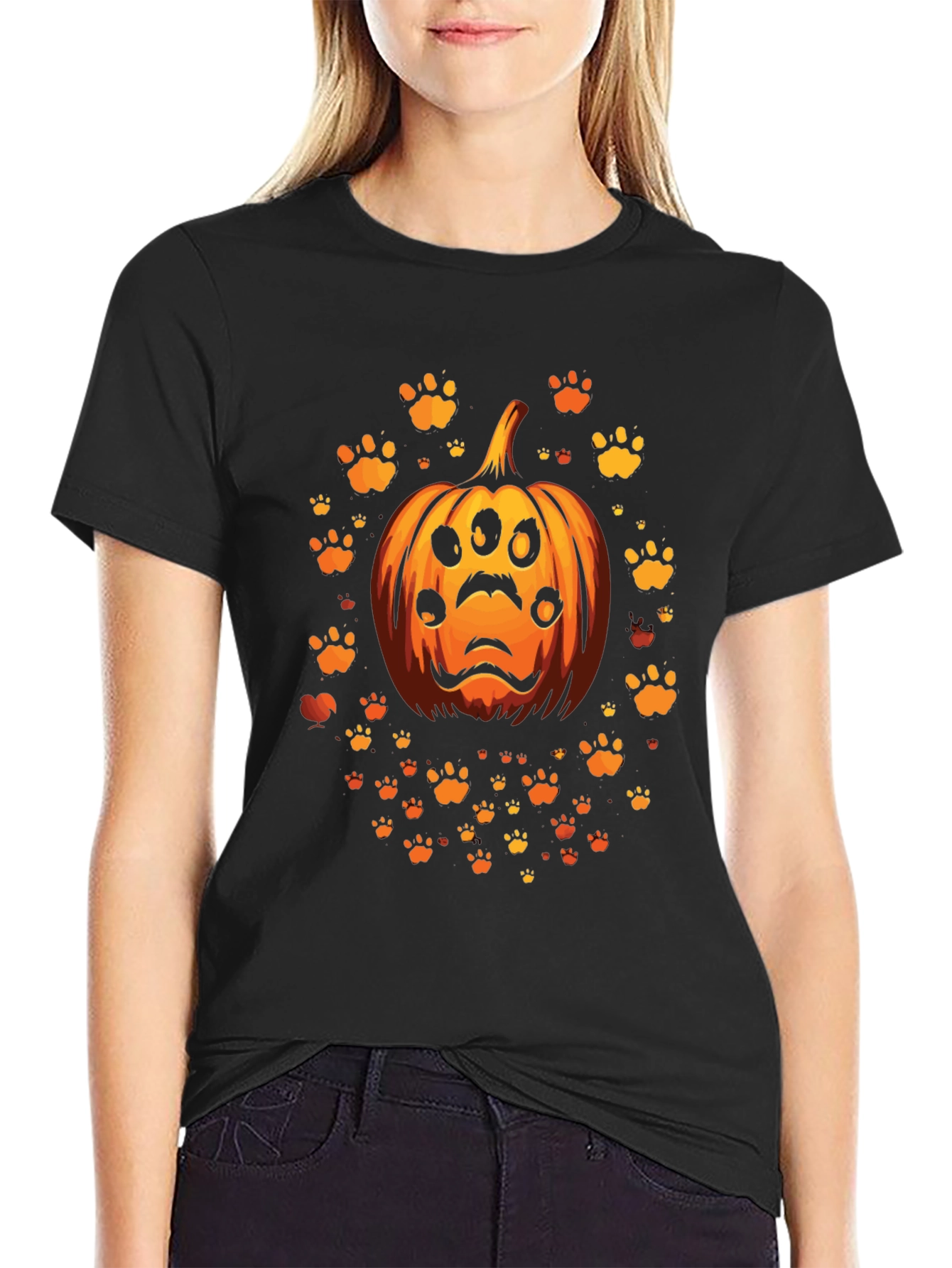 Halloween Pumpkin Paw Print Mens T-Shirt