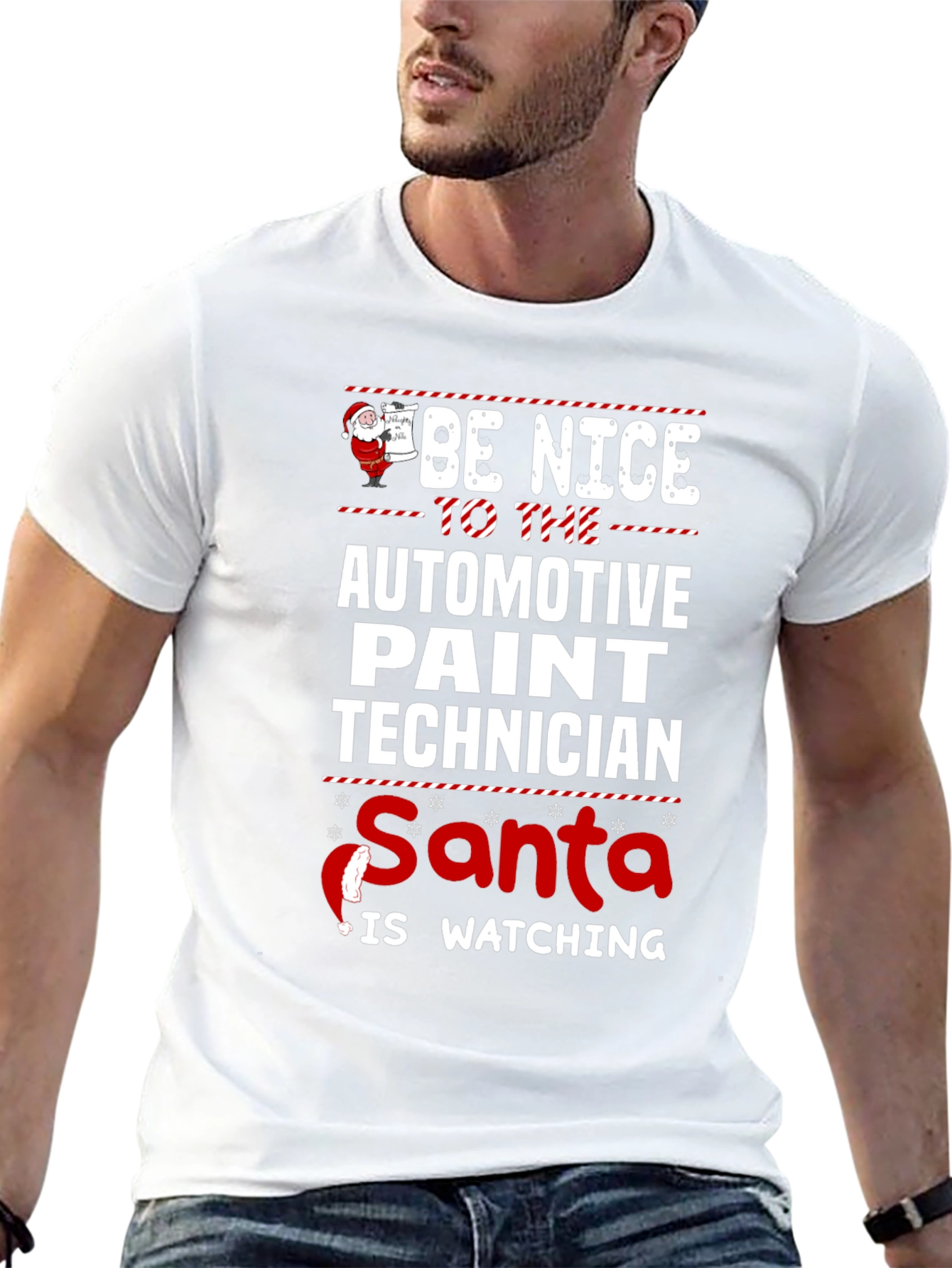Funny Automotive Paint Technician Santa Watching T-Shirt