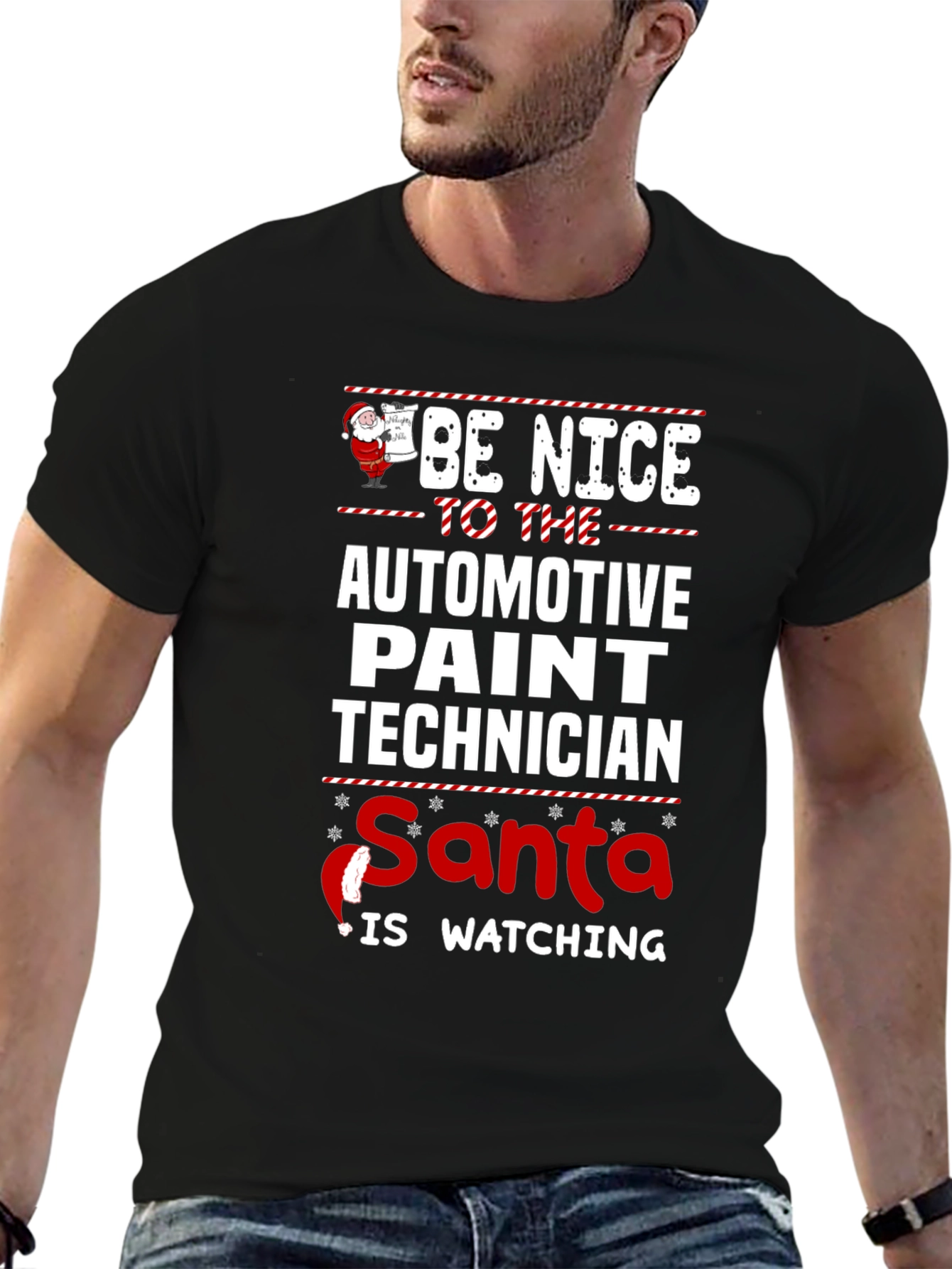 Funny Automotive Paint Technician Santa Watching T-Shirt