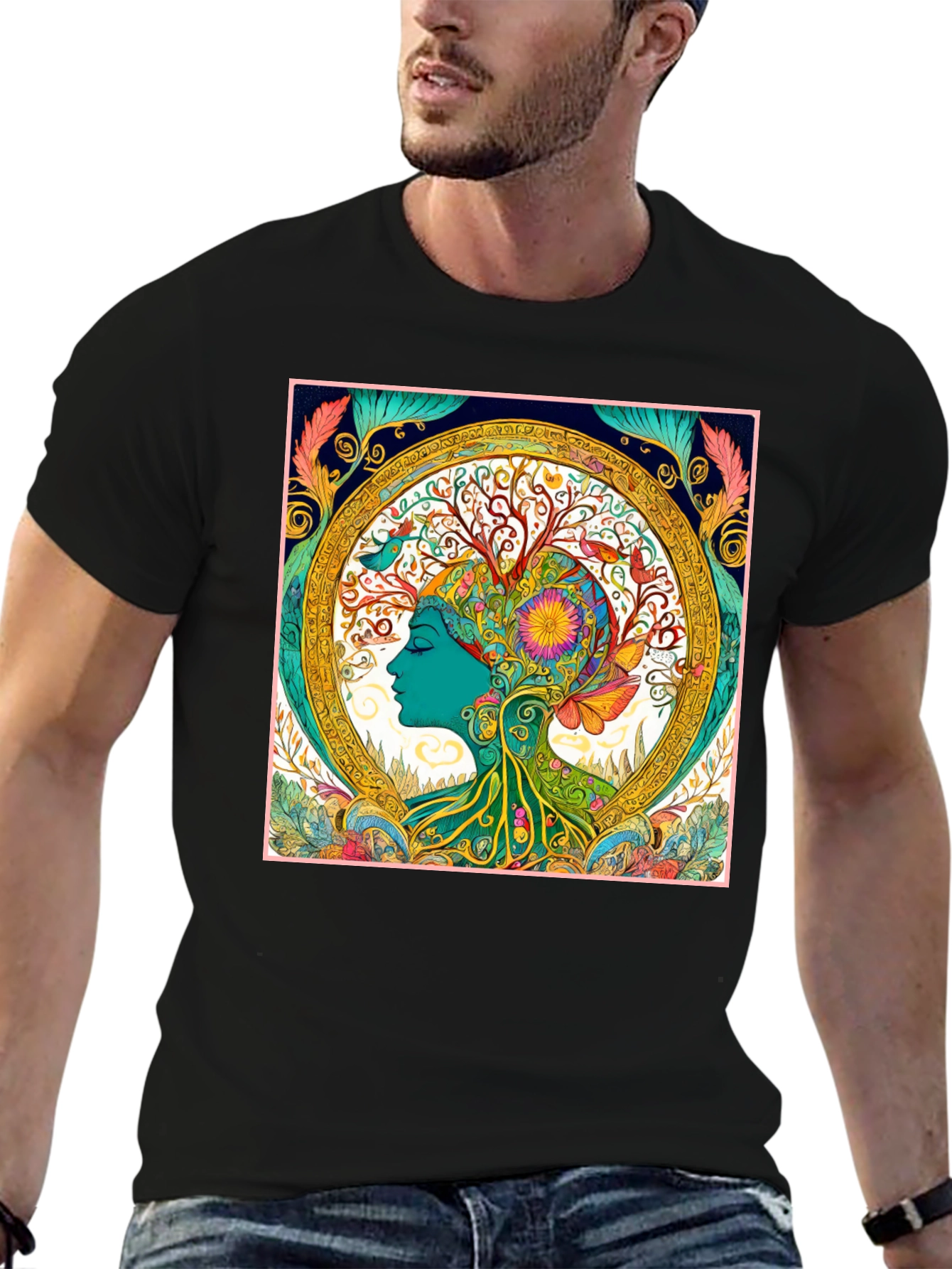 Nature Art Graphic Tee - Black Cotton Blend Shirt