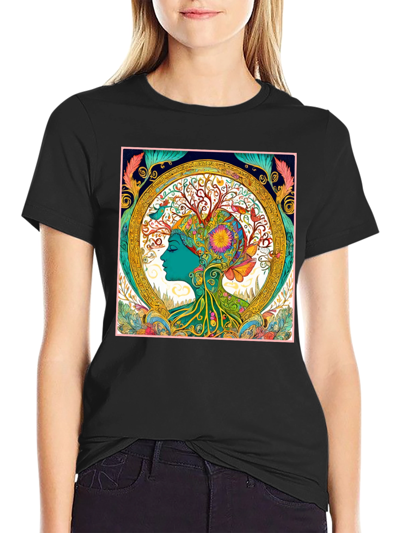 Nature Art Graphic Tee - Black Cotton Blend Shirt