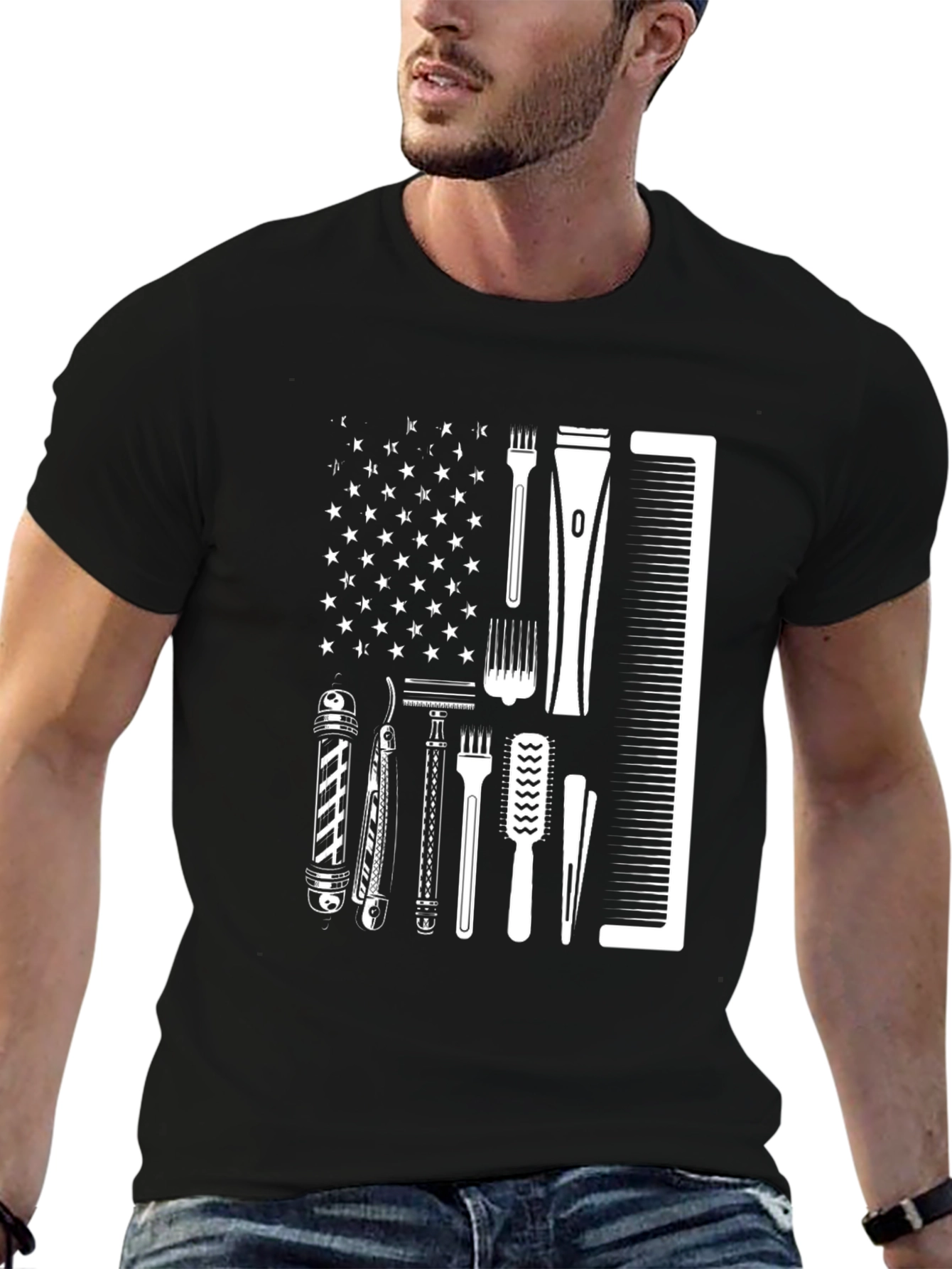 Barber American Flag Black T-Shirt