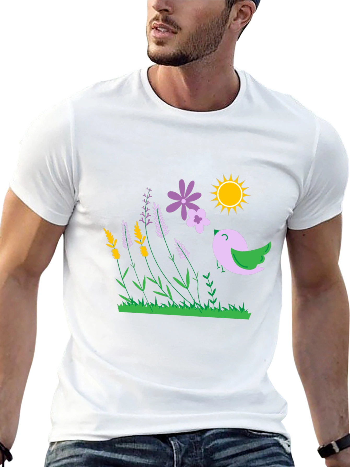Nature Graphic T-Shirt - Bird Flowers and Sunshine Print
