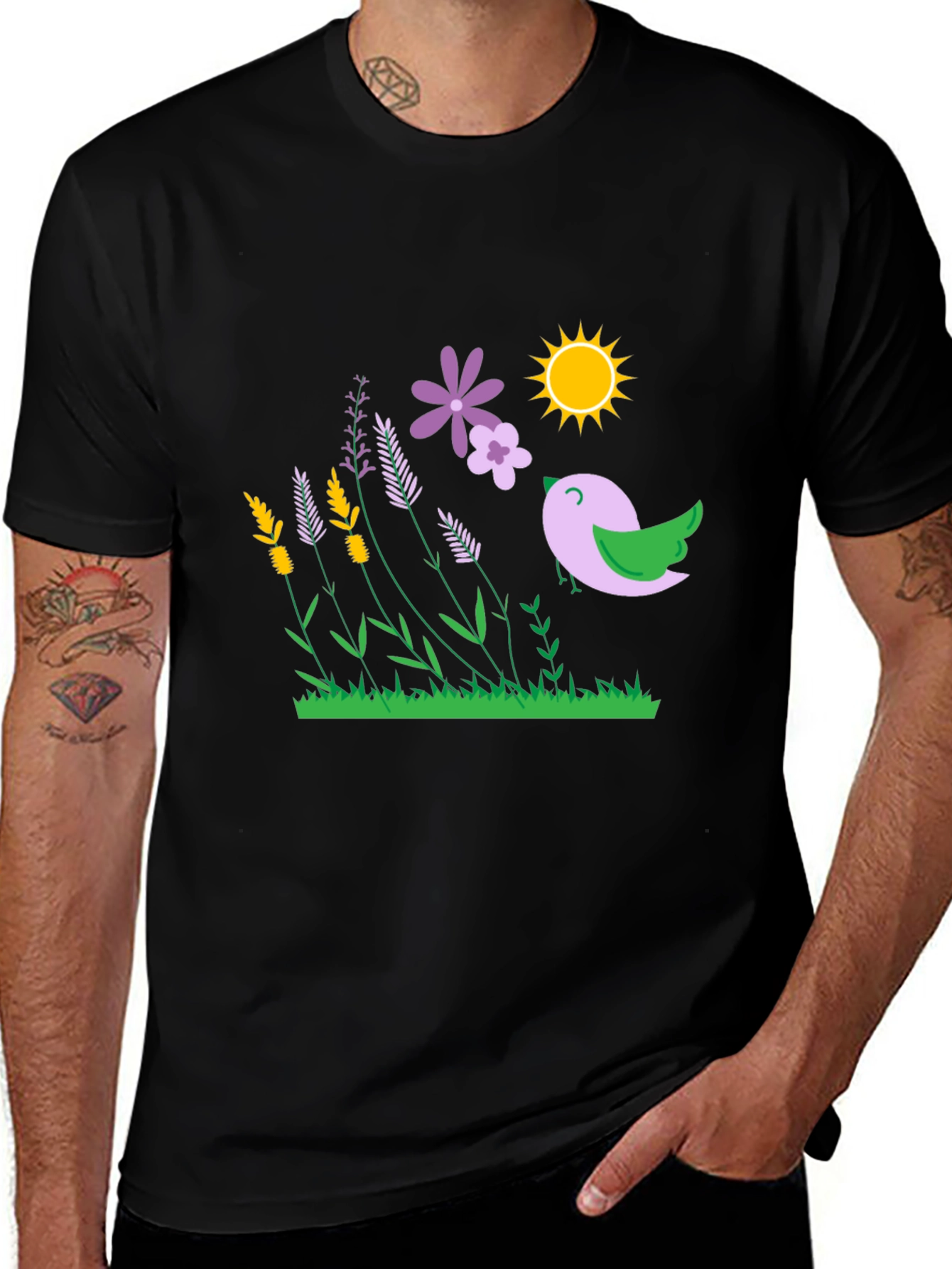 Nature Graphic T-Shirt - Bird Flowers and Sunshine Print