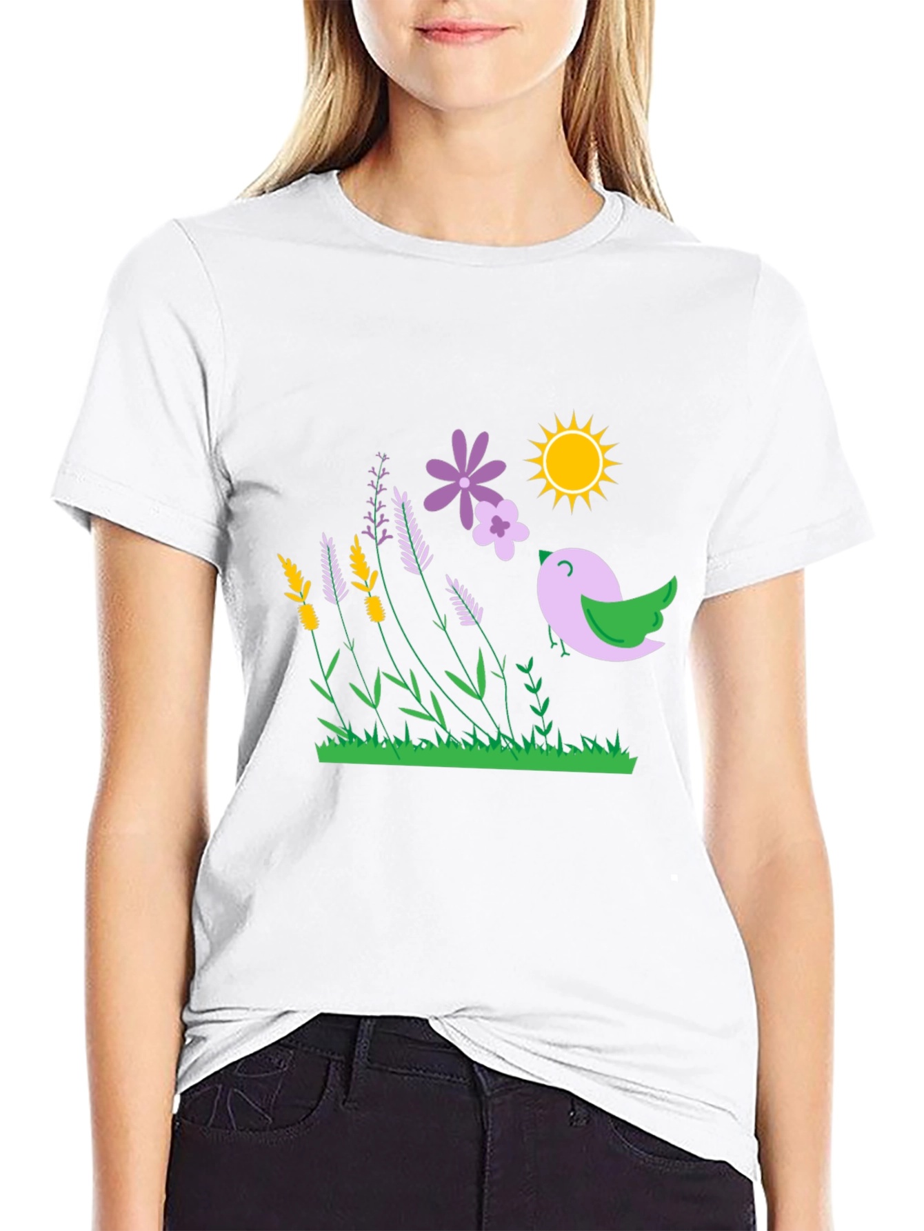 Nature Graphic T-Shirt - Bird Flowers and Sunshine Print