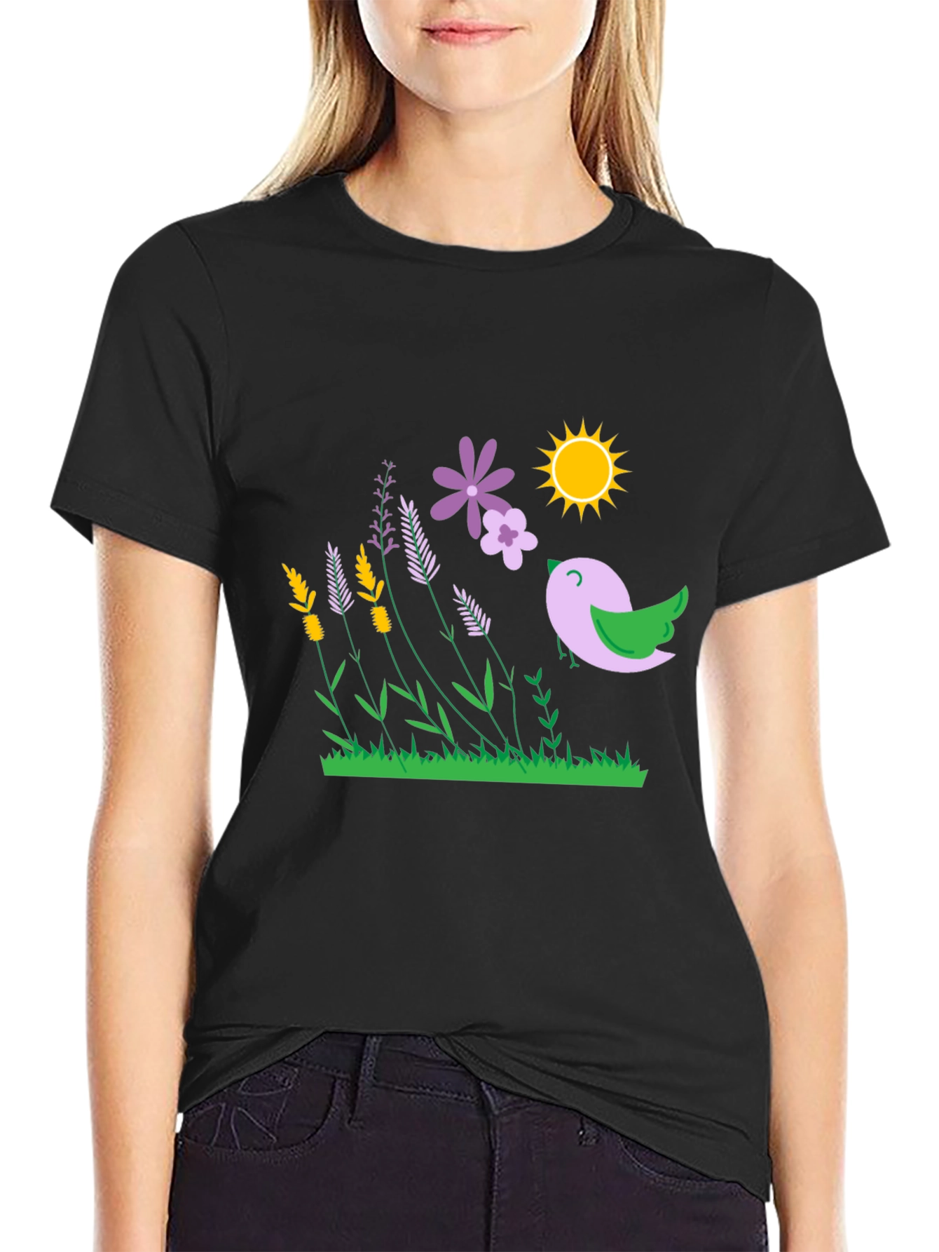 Nature Graphic T-Shirt - Bird Flowers and Sunshine Print