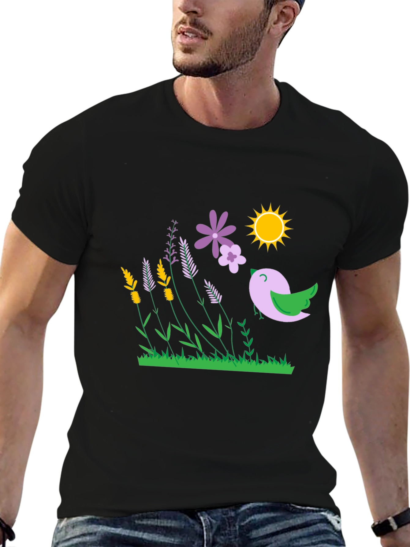 Nature Graphic T-Shirt - Bird Flowers and Sunshine Print