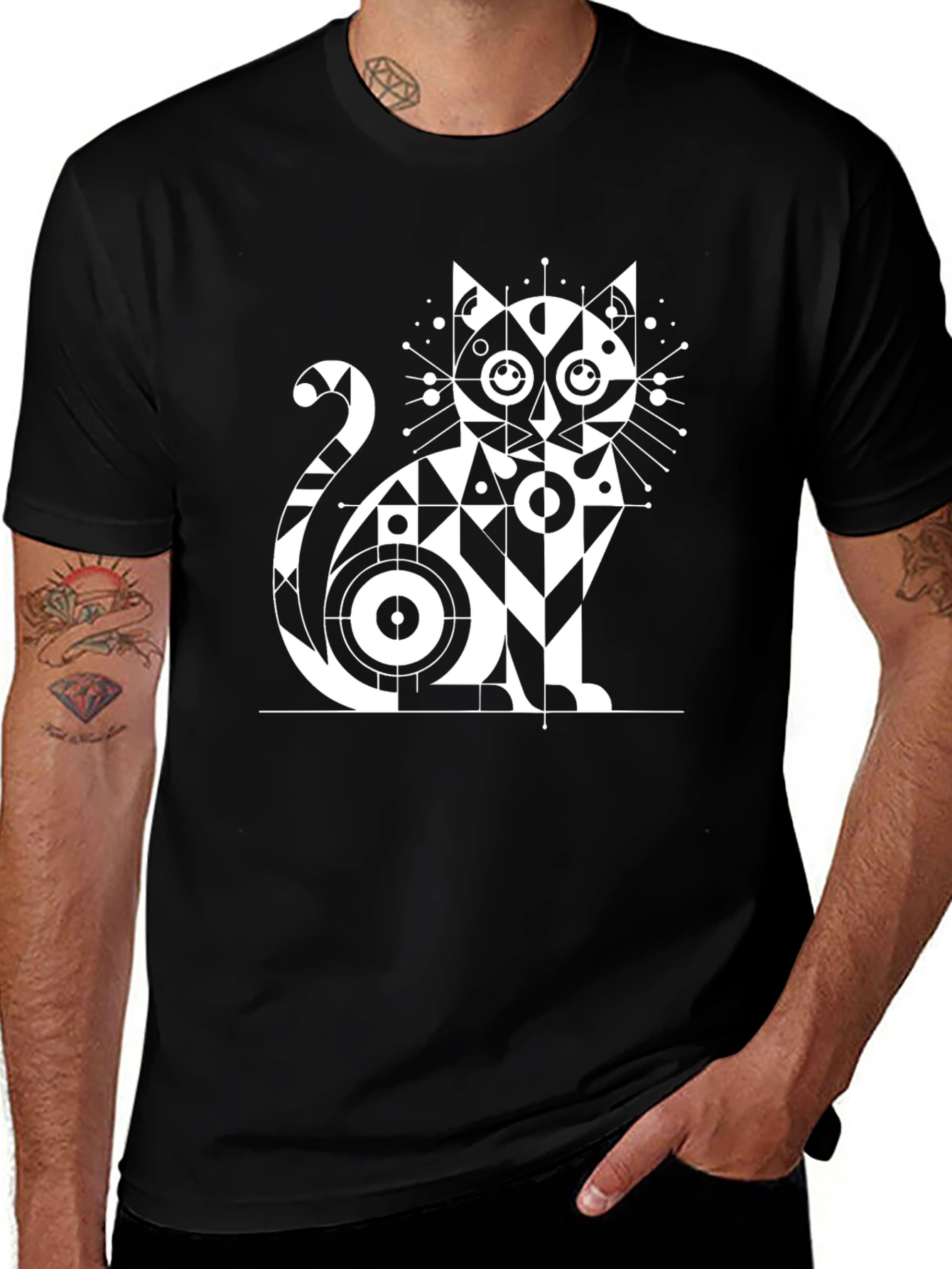 Geometric Cat Graphic T-Shirt - Modern Design
